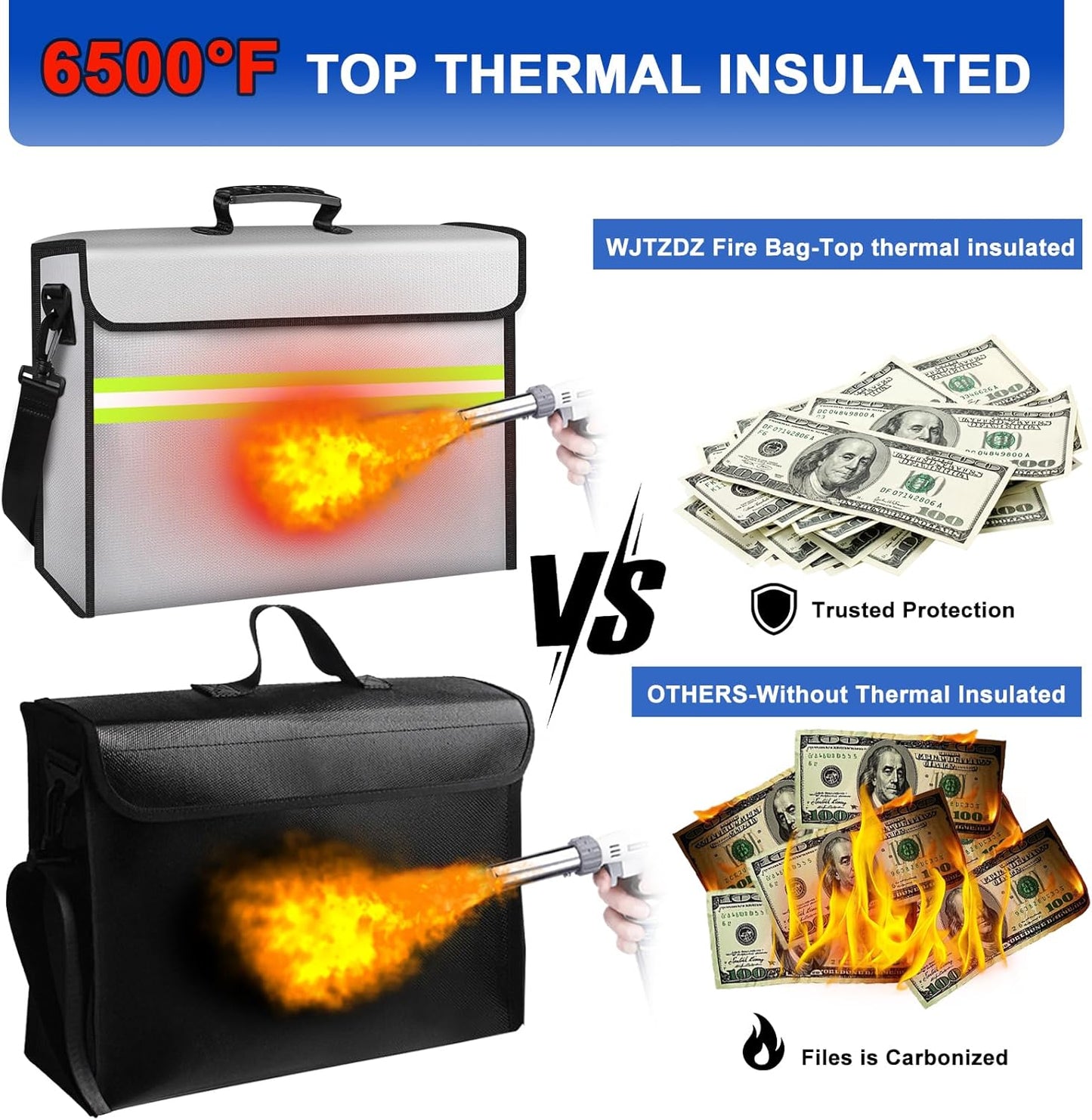 6500°F Large Fireproof Document Organizer with Lock,Upgraded 10 Layers Heat Insulated＆Waterproof Zipper,Removable Folder Layers/Wallet,Portable Home Travel for Documents(16.5x12.4x5.5 inches)