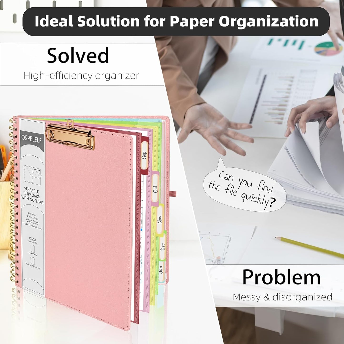 Ospelelf Pink Foldable Spiral Clipboard Folio with Storage Zipper Pouch, 5 Plastic Folders with 10 Pockets,Refillable Lined Notepad (11" x 8.5"), Hardcover Project Organizer with 39 Stickers
