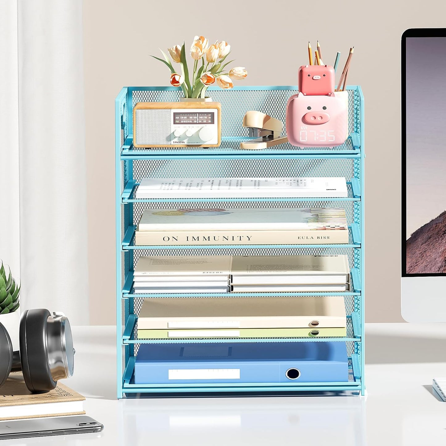 Subekyu 6 Tier Office File Paper Desk Tray Organizer with Handle, Stackable Slide Mesh Letter Tray Folder Blue Desk Organizer, Desktop Document Sorter for Classroom, Office, Home Supplies Storage