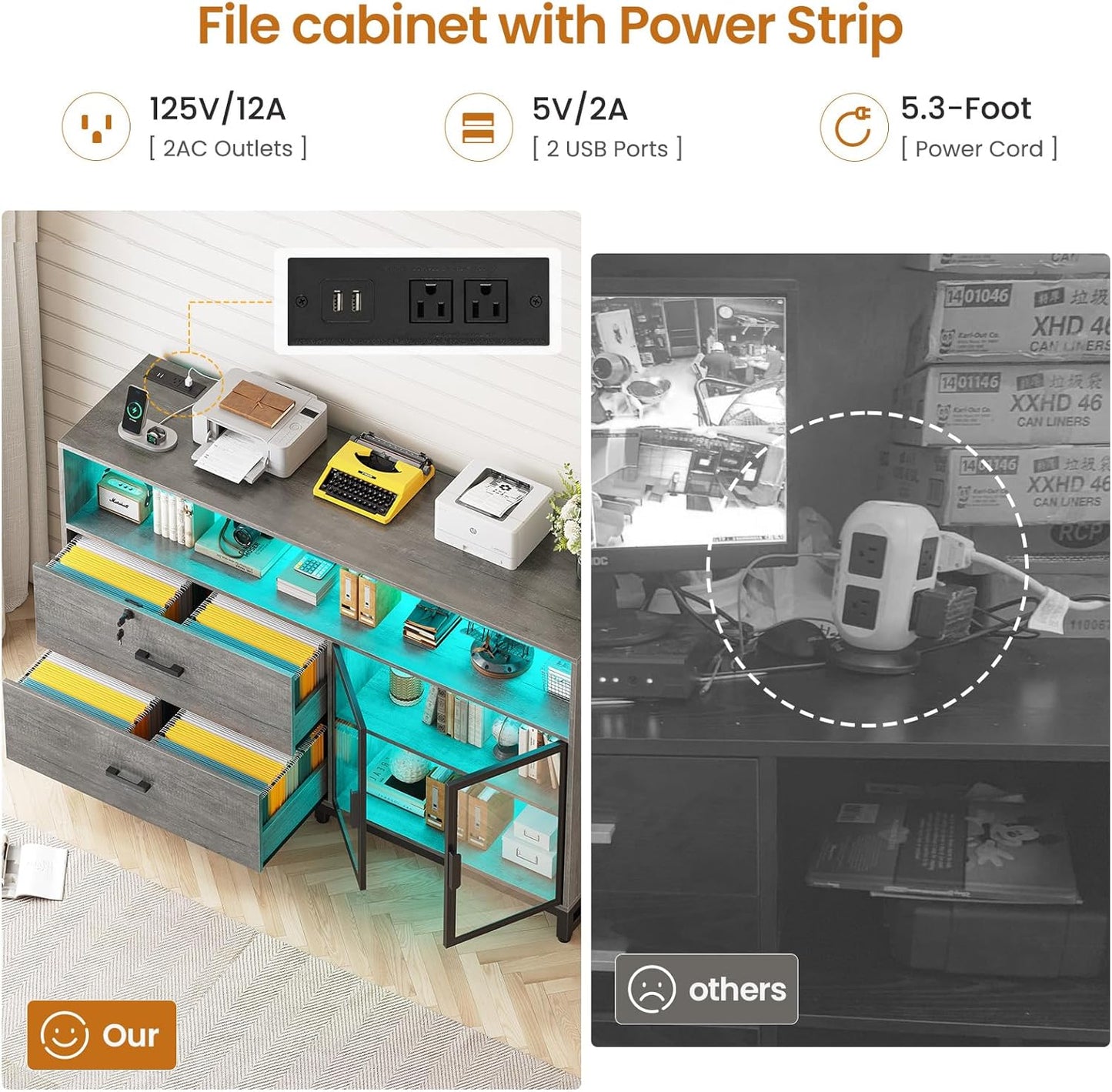 SEDETA 59" File Cabinet, 2 Drawers Filing Cabinets for Home Office fit Legal/Letter/A4 File, File Cabinet with Lock & Power Outlets, Printer Stand with Storage & LED Lights, Grey