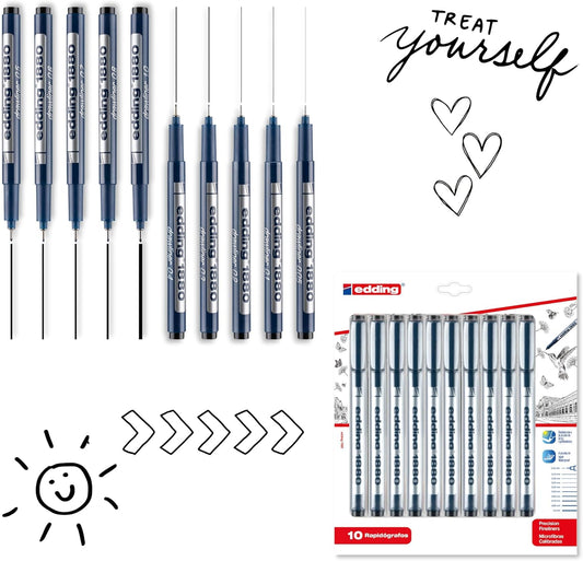 edding 1880 Drawliner – 10 Black Pen Set for Precise Sketching, Journaling & Technical Drawing on Paper – Waterproof, Special Ink, No Bleed Pens – 0.05-1 mm Round Nib, Fine Point & Smooth Writing Pens