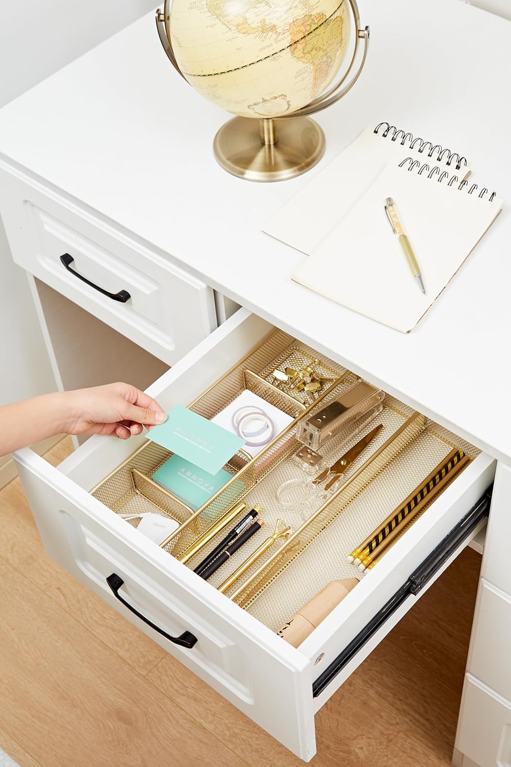 Annova Desk Top Organizer Tray for Office Organization - Metal Mesh - Storage Tray with Dividers for Pens, Desktop Accessories, Bathroom, Kitchen, Makeup and Office Supplies (Large, Gold)