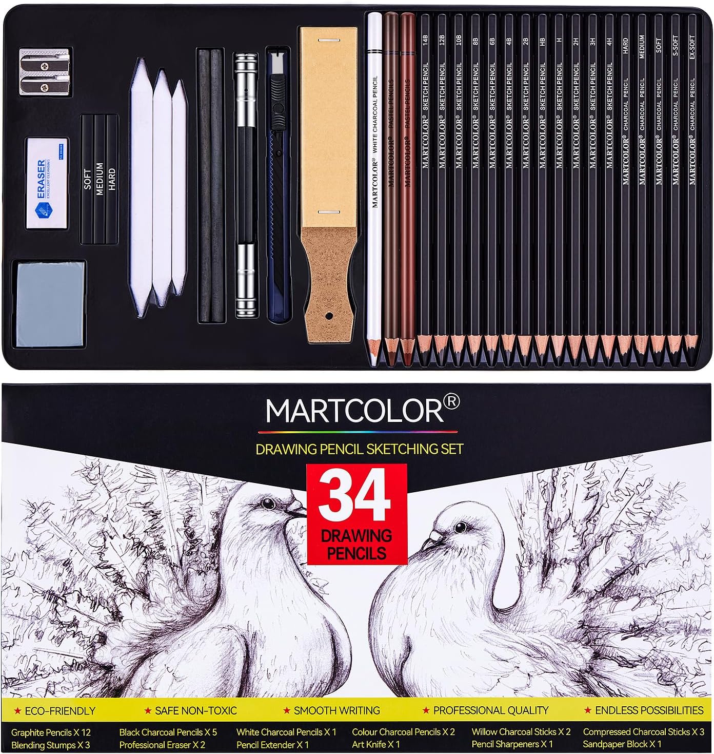 Drawing Sketching Pencils Set, 34 Pieces Pro Art Pencil Kit - Graphite Pencils (14B-4H), Charcoal Pencils, Charcoal Sticks, Artist Pencils for Beginners & Pro Artists