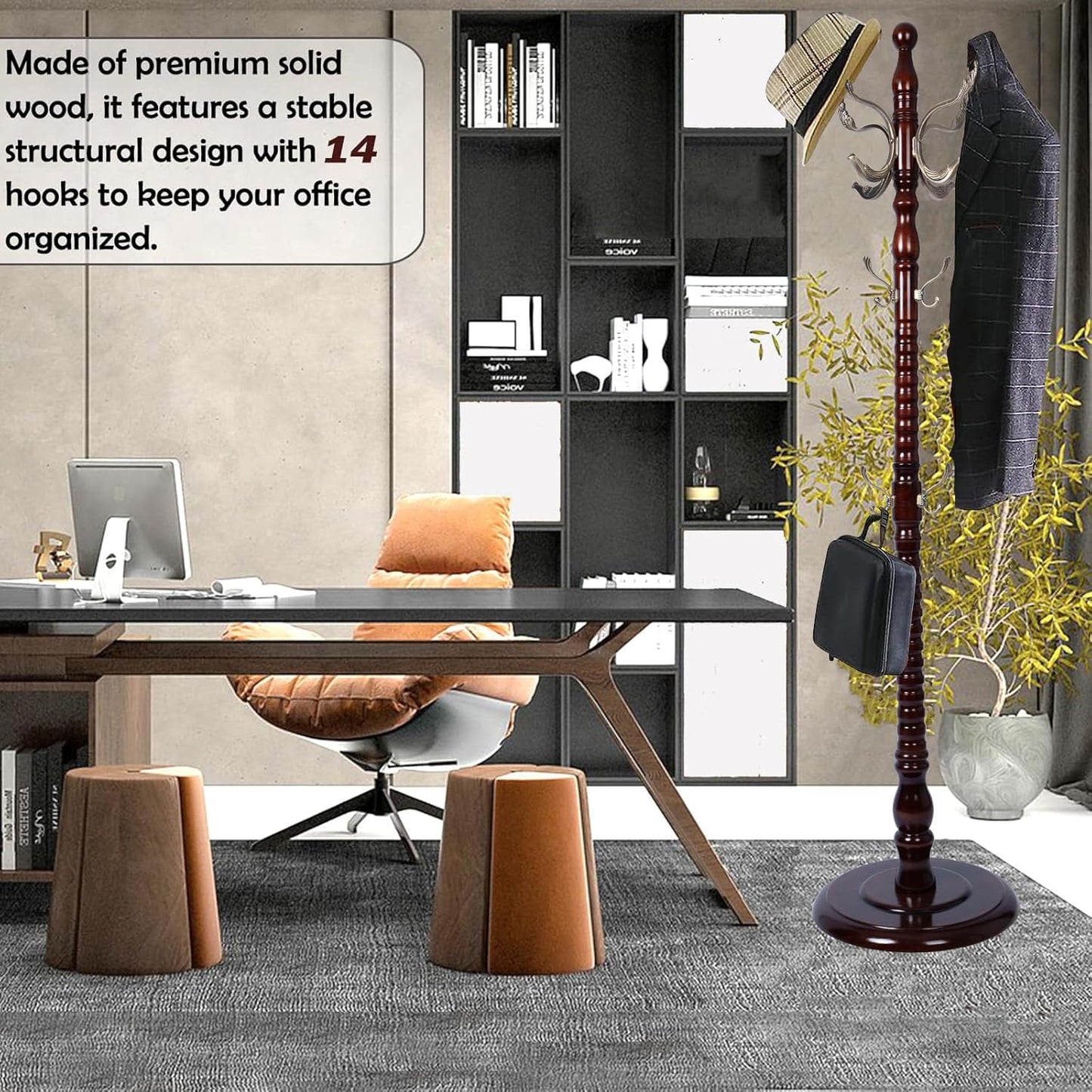 Coat Racks Free Standing with 14 Hooks, Natural Wood Coat Stands for Entryway, Adjustable Height 73 in Tree Coat Rack Stand for Hallway Home Office Bedroom (Mahogany metal)