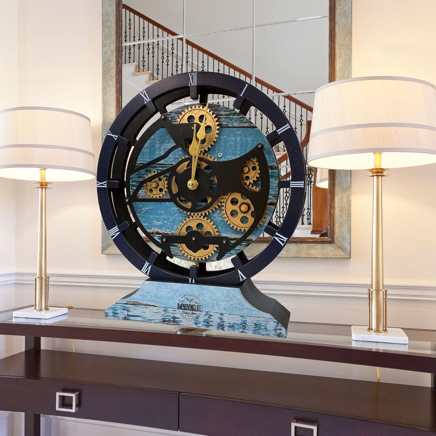 The Gears Clock 16 inches Wall Clock with Real Moving Gears Convertible into a Big Mantel Clock (Aqua Green)