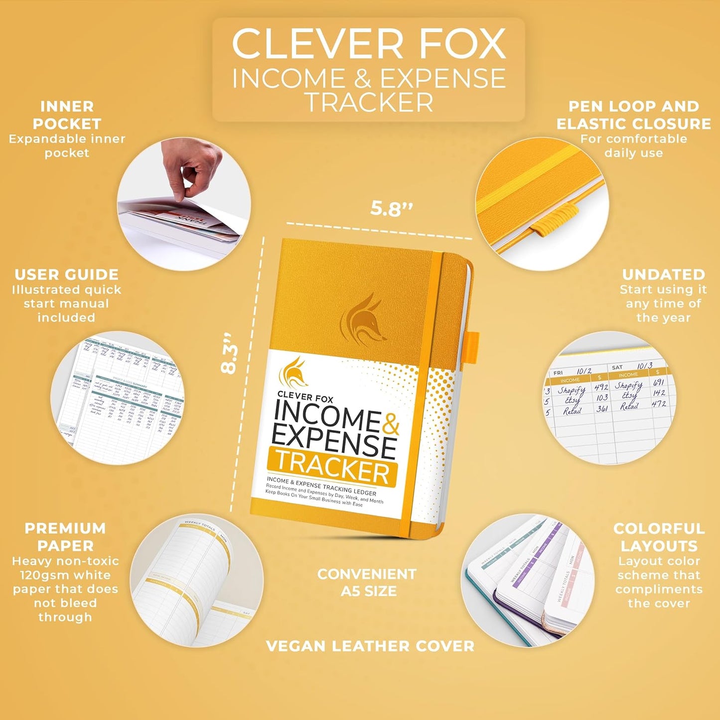 Clever Fox Income & Expense Tracker – Accounting & Bookkeeping Ledger Book for Small Business – 1-Year Record Notebook, A5 (Amber Yellow)