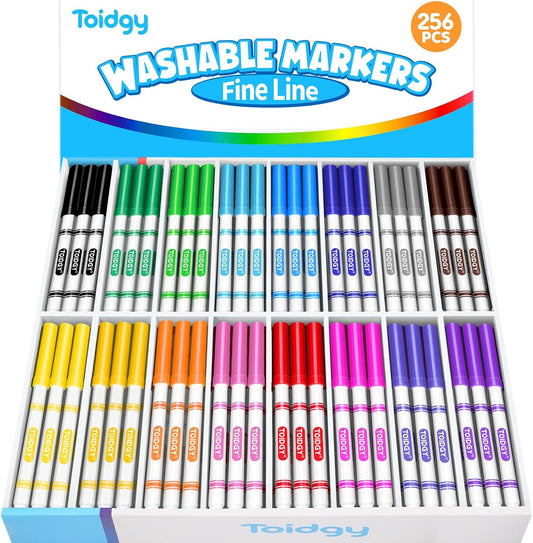 256 PCS Washable Markers for Kids, Colored Markers Bulk for School, Thin Marker Set in 16 Assorting Colors, Fine Line Marker with Conical Tip, Back to School Supplies, Classroom Must Haves
