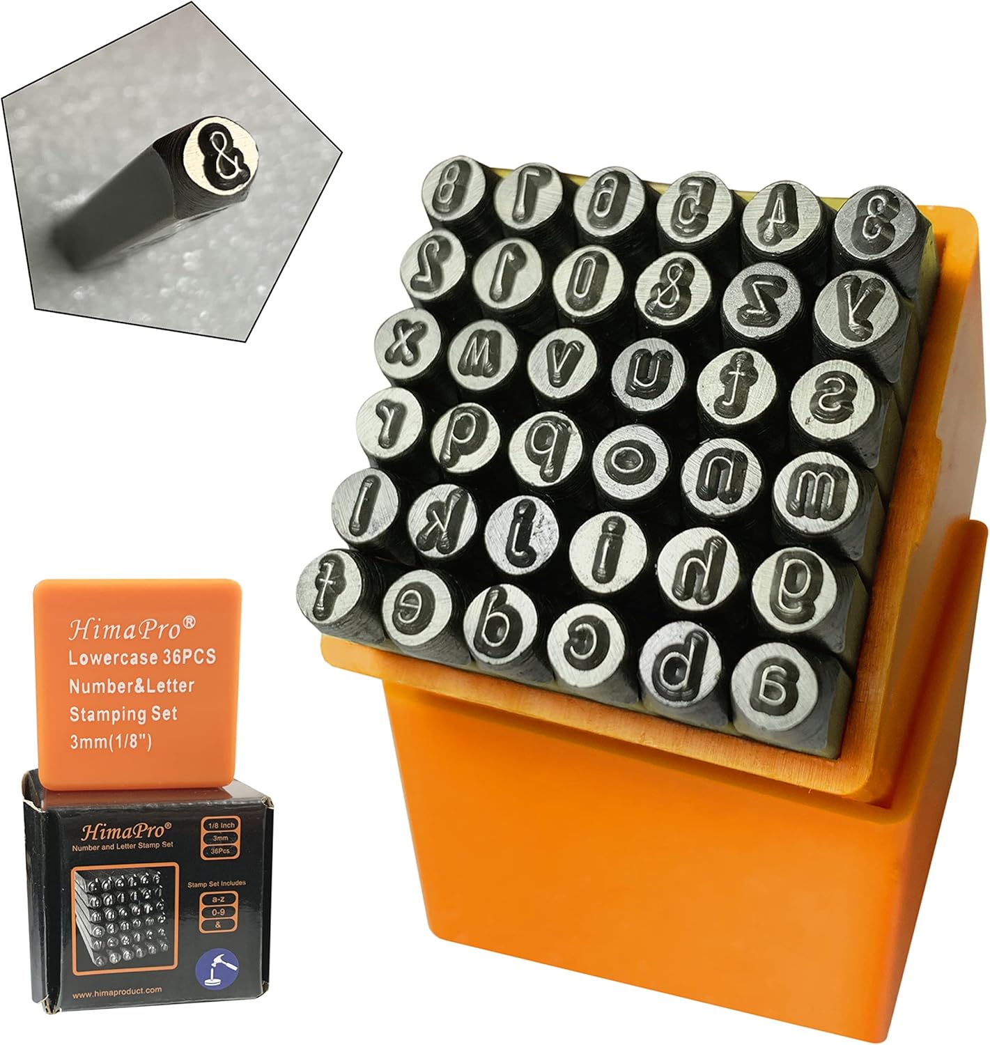 HimaPro Number and Letter Stamp Set 36 PCs Lowercase Industrial Grade Letters 'a'-'z', '&', '0'-'9' in a Plastic Box (3mm - 1/8 Inch)