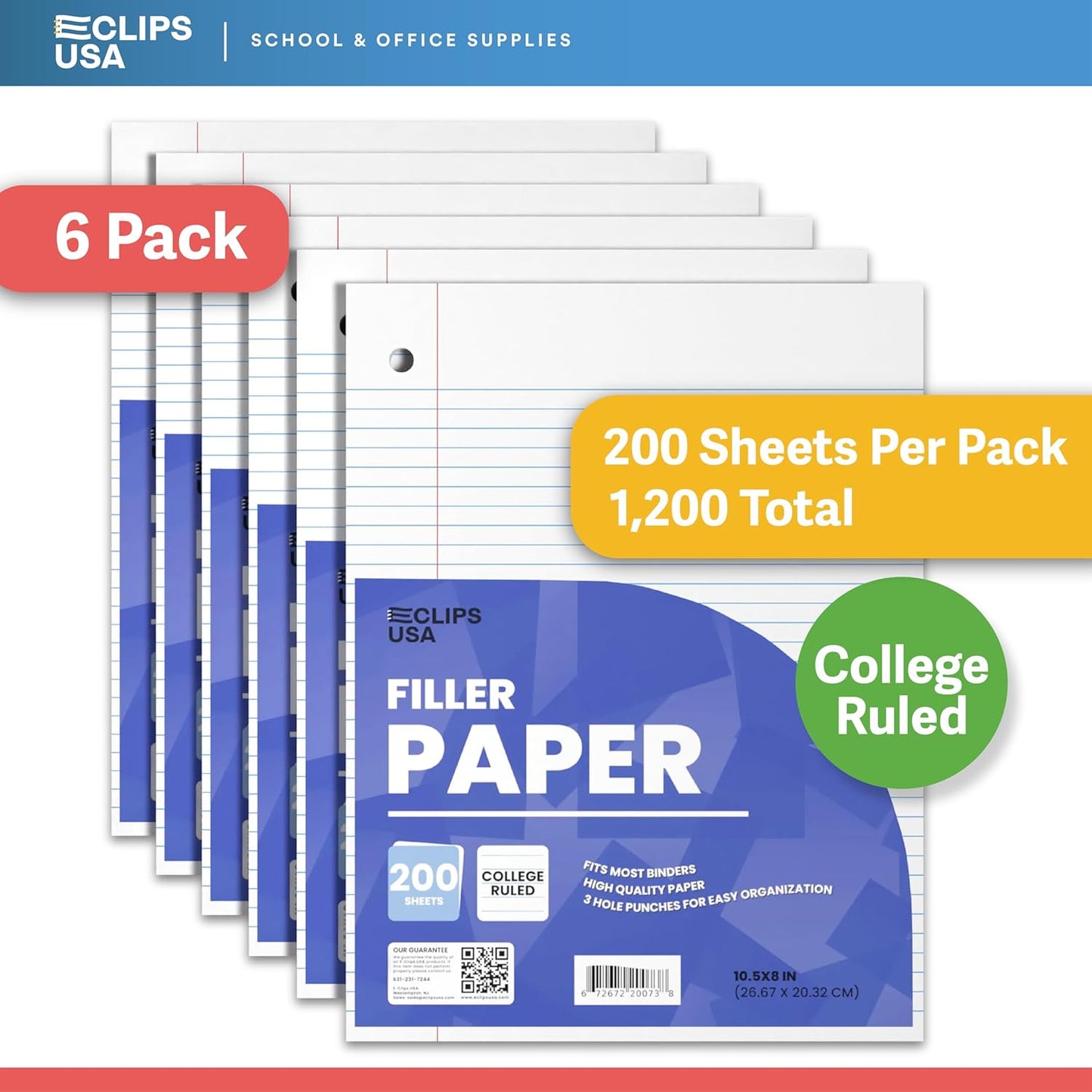 Notebook Paper, College Ruled Loose Leaf Paper (3 Pack), Filler Paper, 10.5” x 8”, Filler Paper, 200 Sheets Per Pack, 60 gsm (3 Pack)