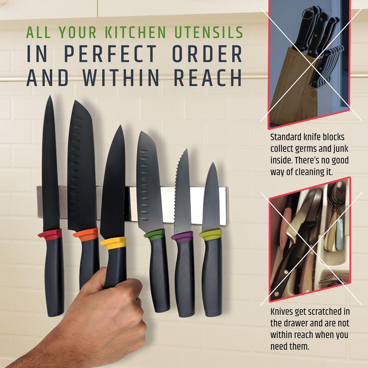 Premium Stainless Steel Magnetic Knife Holder for Wall - 10 Inch Professional Magnetic Knife Strip - Space-Saving Knife Rack/Knife Bar With Powerful Magnetic Pull Force (Upgraded Version)