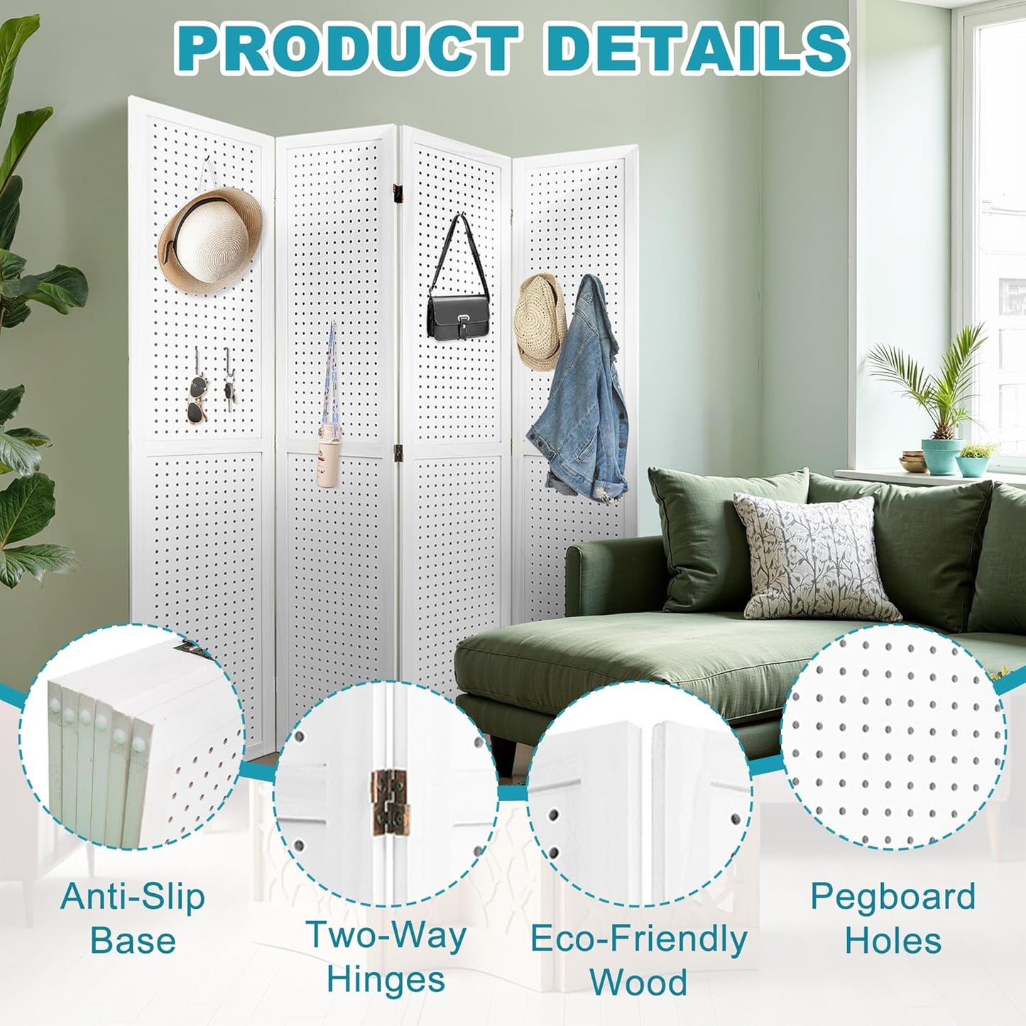 4 Panel Room Divider, 5.6FT Folding Room Divider Screen, Free Assembled Freestanding Partition for Home Office Bedroom, White