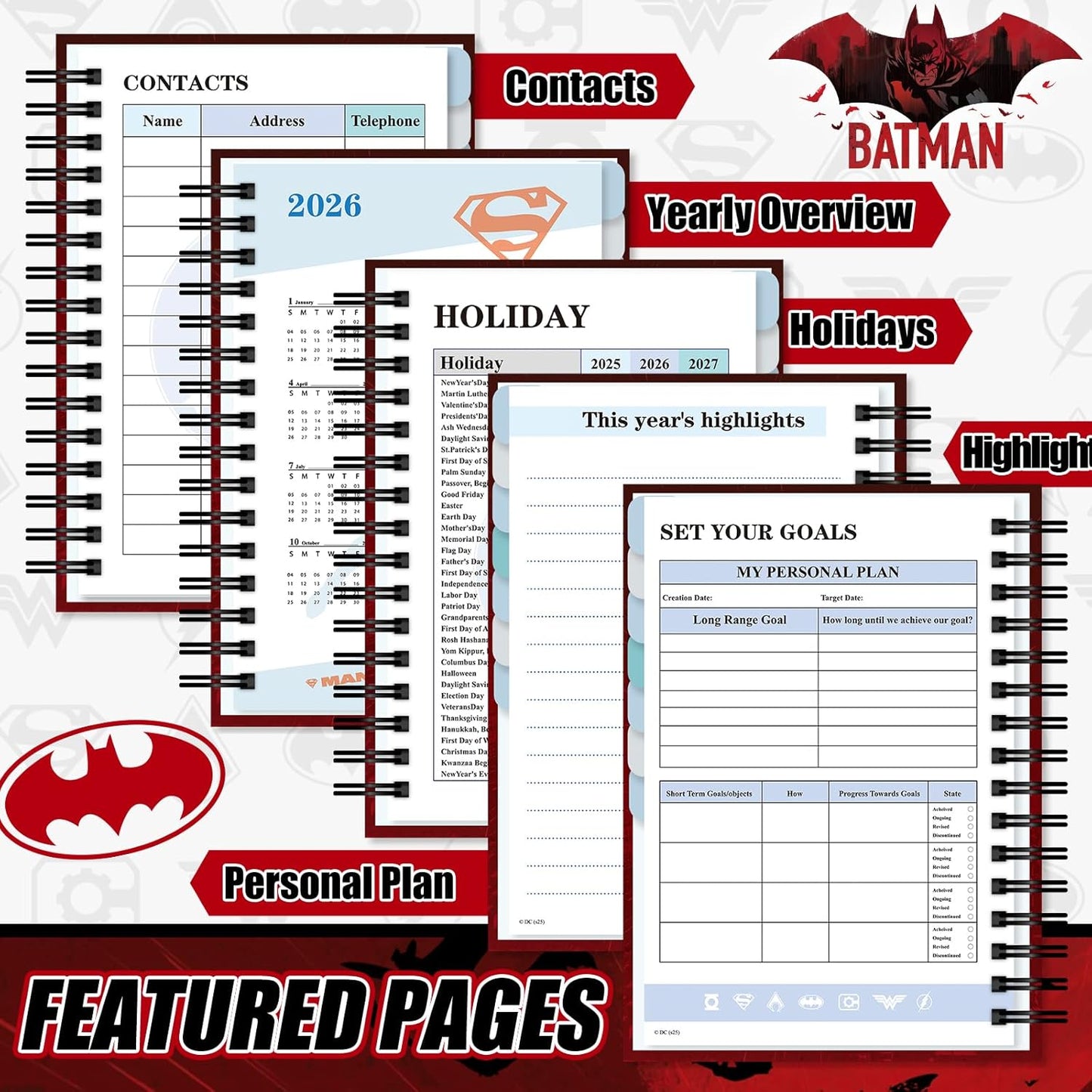 Super Hero Academic Planner, Weekly Monthly Daily Agenda, Custom Date Organizer for Time Management, Spiral Bound Notebook with Colorful Tabs, Datebooks for Reward School Teacher (Red)