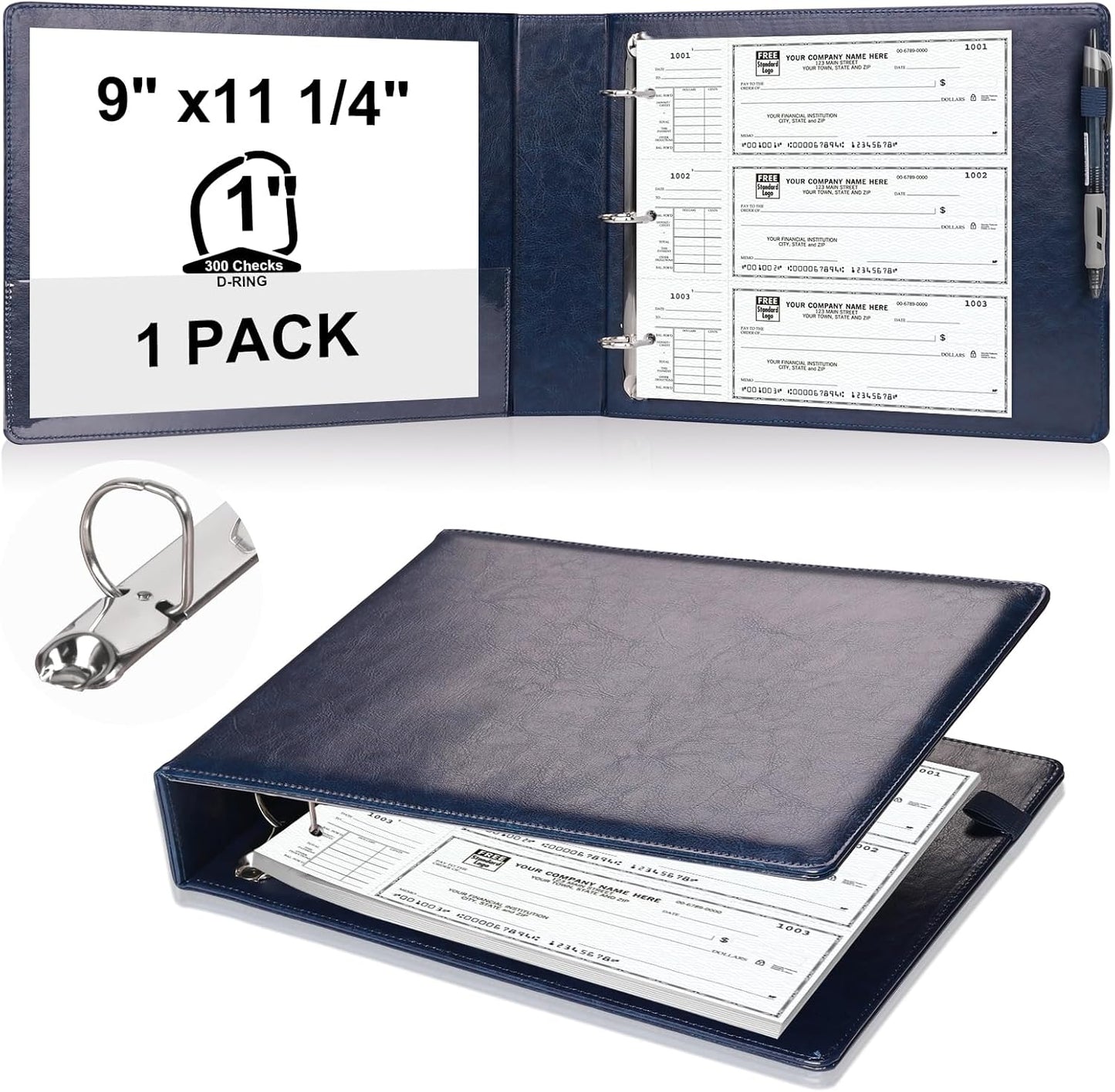 9" x11 1/4" PU Leather 3 Rings Personal Checks Binder for End-Stub Deskbook 3-Ring Binders for Desk Check fit 3 & 9 Holes Checkbook Binder Cover for Business Finances (Not Fit 7 Holes,Navy Blue)