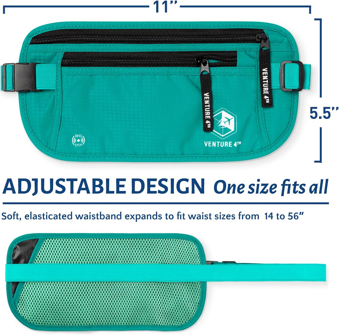 VENTURE 4TH Travel Money Belt - Slim Passport Holder RFID Blocking Travel Pouch to Protect Cash, Credit Cards and Travel Documents (Turquoise)