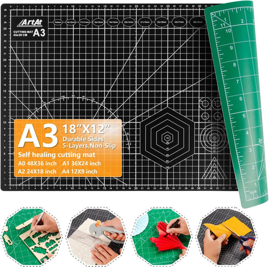 ArtAt Self Healing Cutting Mat: 12inch x 18inch Double Sided 5-Ply Fabric Cutting Mat for Sewing, Quilting & Arts & Crafts - Gridded Rotary Cutting Board Mat in Green/Black.