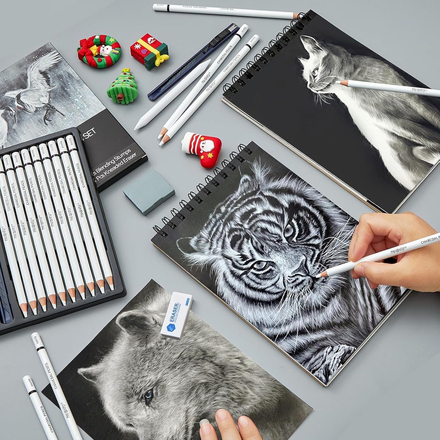 PANDAFLY White Charcoal Pencils Set, Professional 14 Piece Charcoal Pencils for Drawing, Sketching, Shading, Blending, White Chalk Pencils for Kid, Beginners & Pro Artists