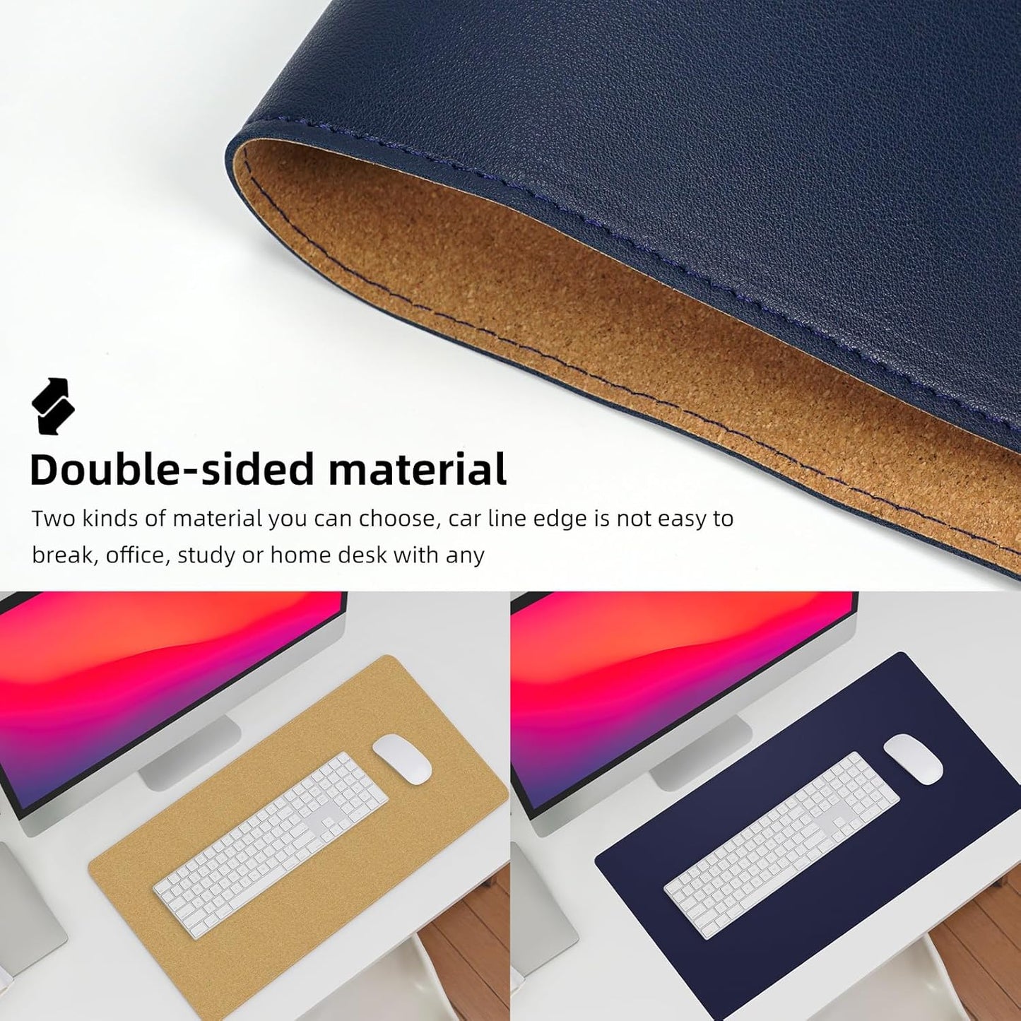 AFIING Dual-Sided Desk Pad, Natural Cork & PU Leather, Desk Mat Protector Non-Slip, Waterproof, Easy Clean,Large Mouse mats for Office and Home Work(Blue, 31.5"x17")