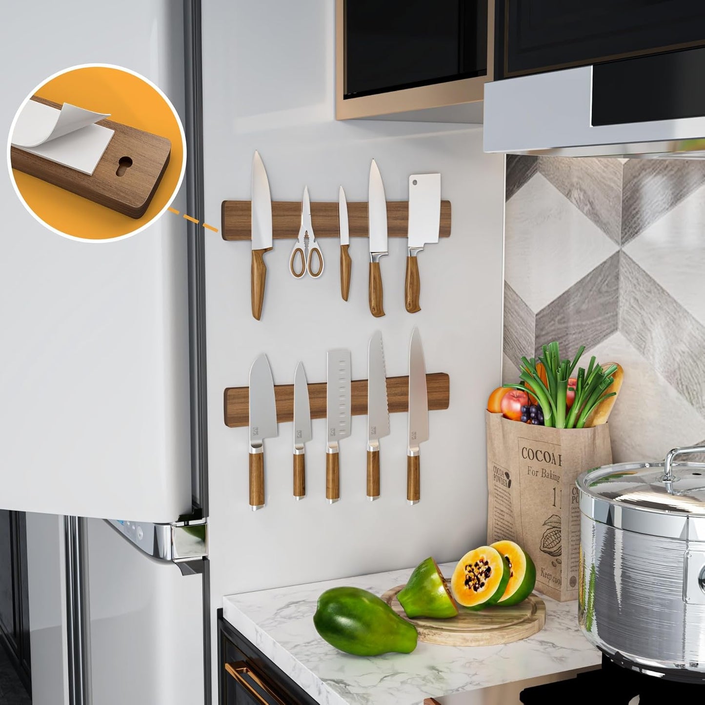 Magnetic Knife Holder for Wall, Acacia Wood Knife Magnetic Strip No Drill Knife Magnet Storage Bar Magnetic Tool Key Holder Strip for Kitchen Utensil Organizer (Dark Brown, 16 Inch)