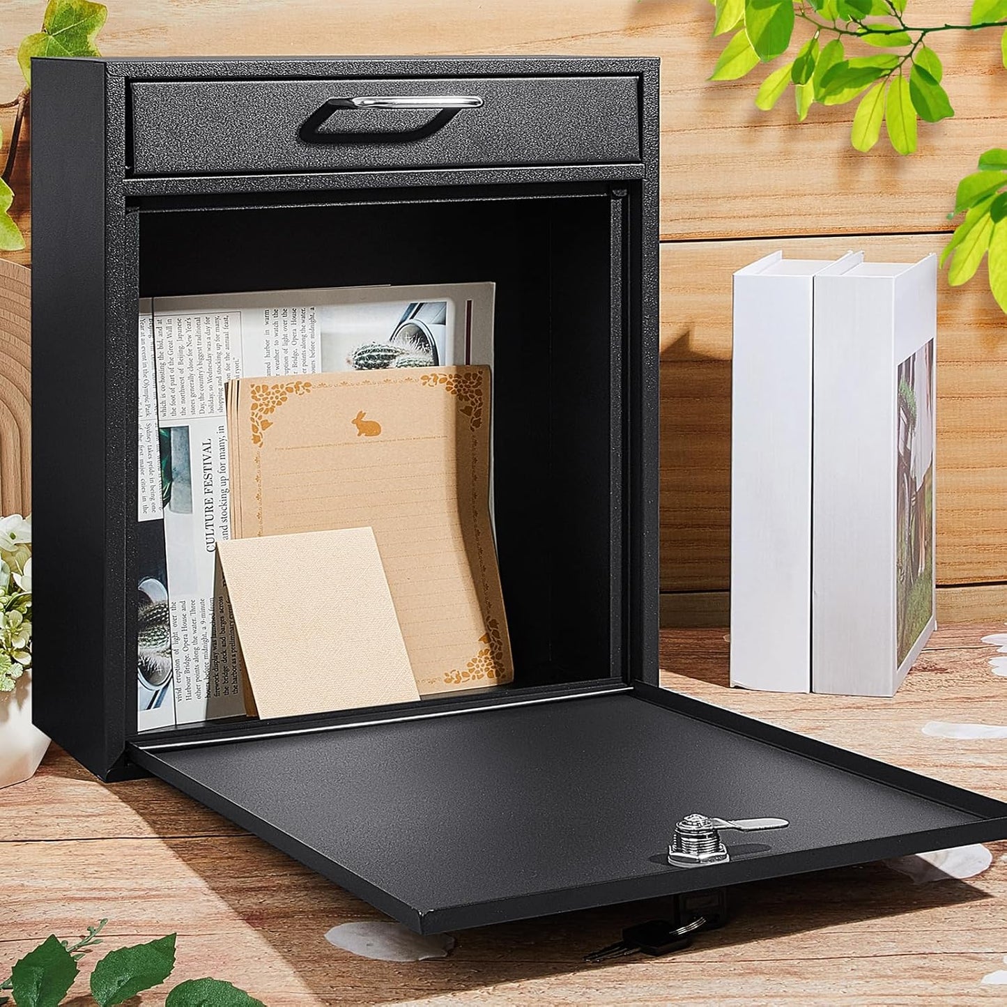 Locking Mailbox with Key for Outdoor 12 x 10.5 x 4.7 Inches Large Wall Mount Mail Box with Lock Security Mail Drop Metal Collection Boxes Hanging Secure Postbox(Black)