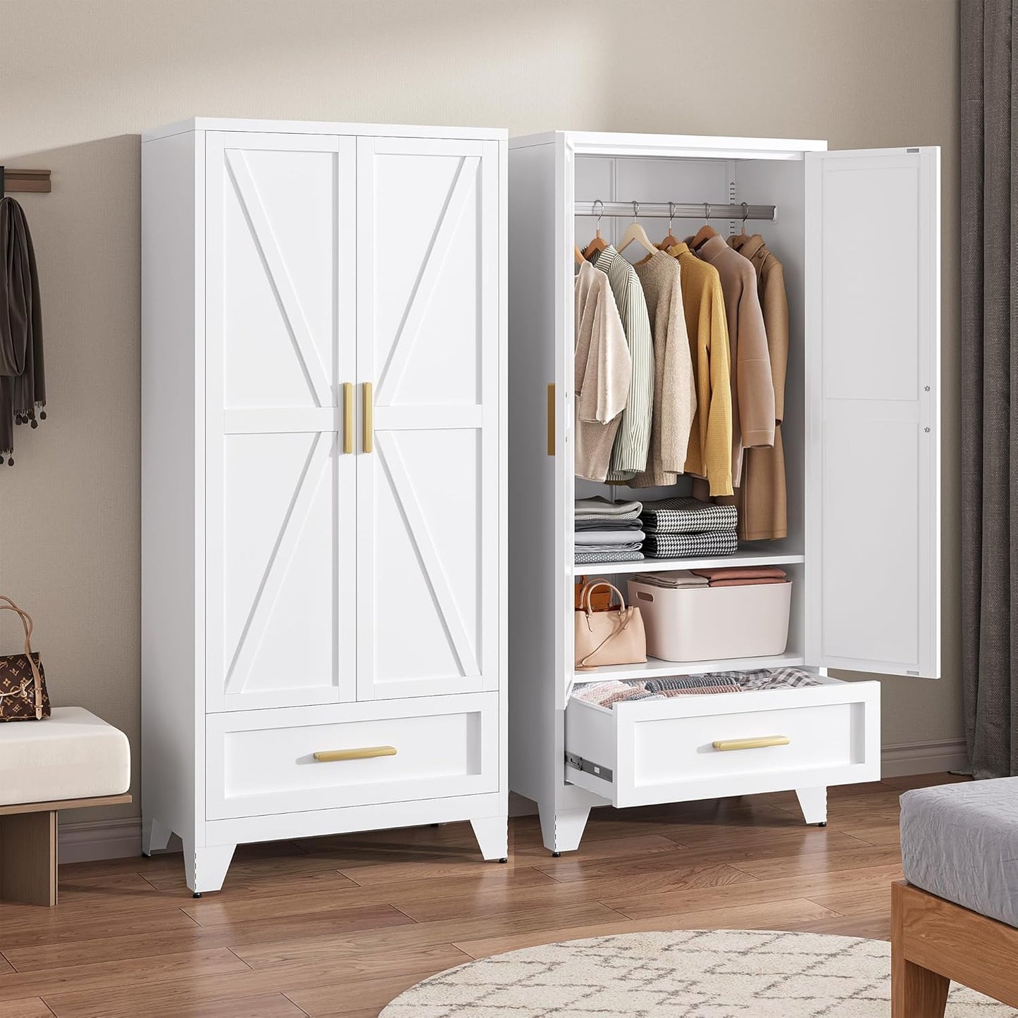 71" Tall Metal Wardrobe Cabinet with Drawer and Hanging Rod, 2 Doors Armoire Wardrobe Closet with Shelf for Bedroom, Office, Laundry Room, White
