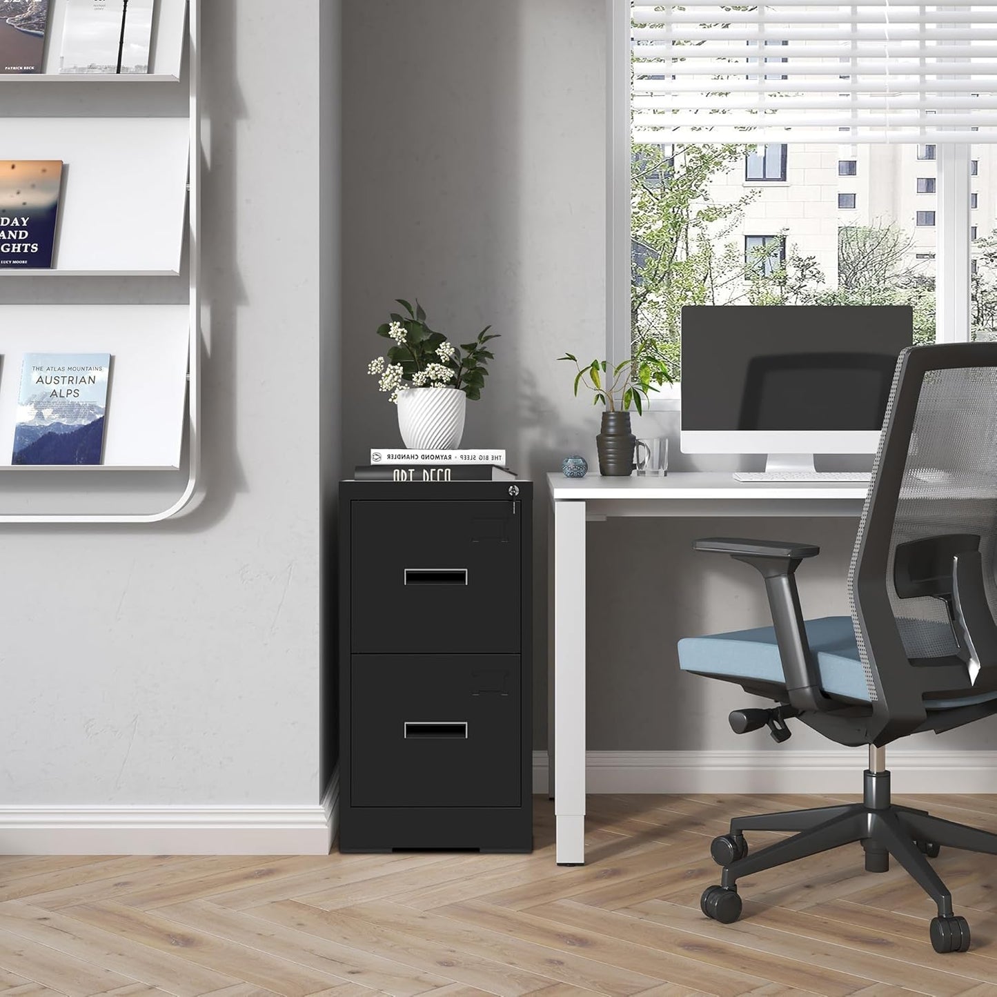 2 Drawer File Cabinet with Lock and Card Slot, Metal Vertical Filing Cabinets for Home Office, Steel Storage Cabinet for Hanging Legal/Letter Size Files, Assembly Required (Black)