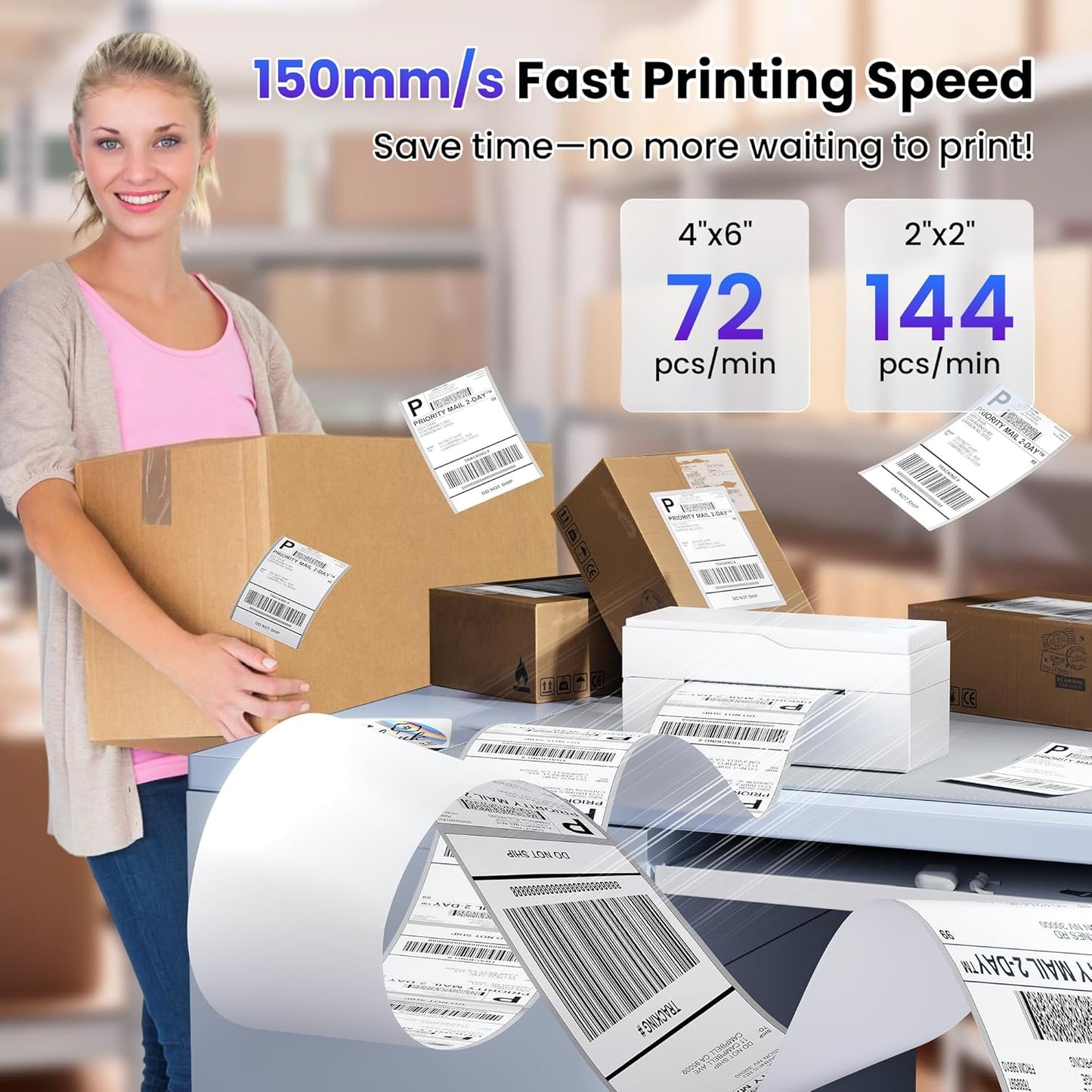 Bluetooth Thermal Label Printer – 4x6 Shipping Label Printer for Small Businesses & Shipping Packages, Compatible with Android, iPhone, and Windows, Ideal for Amazon, eBay, Shopify, Etsy (White)