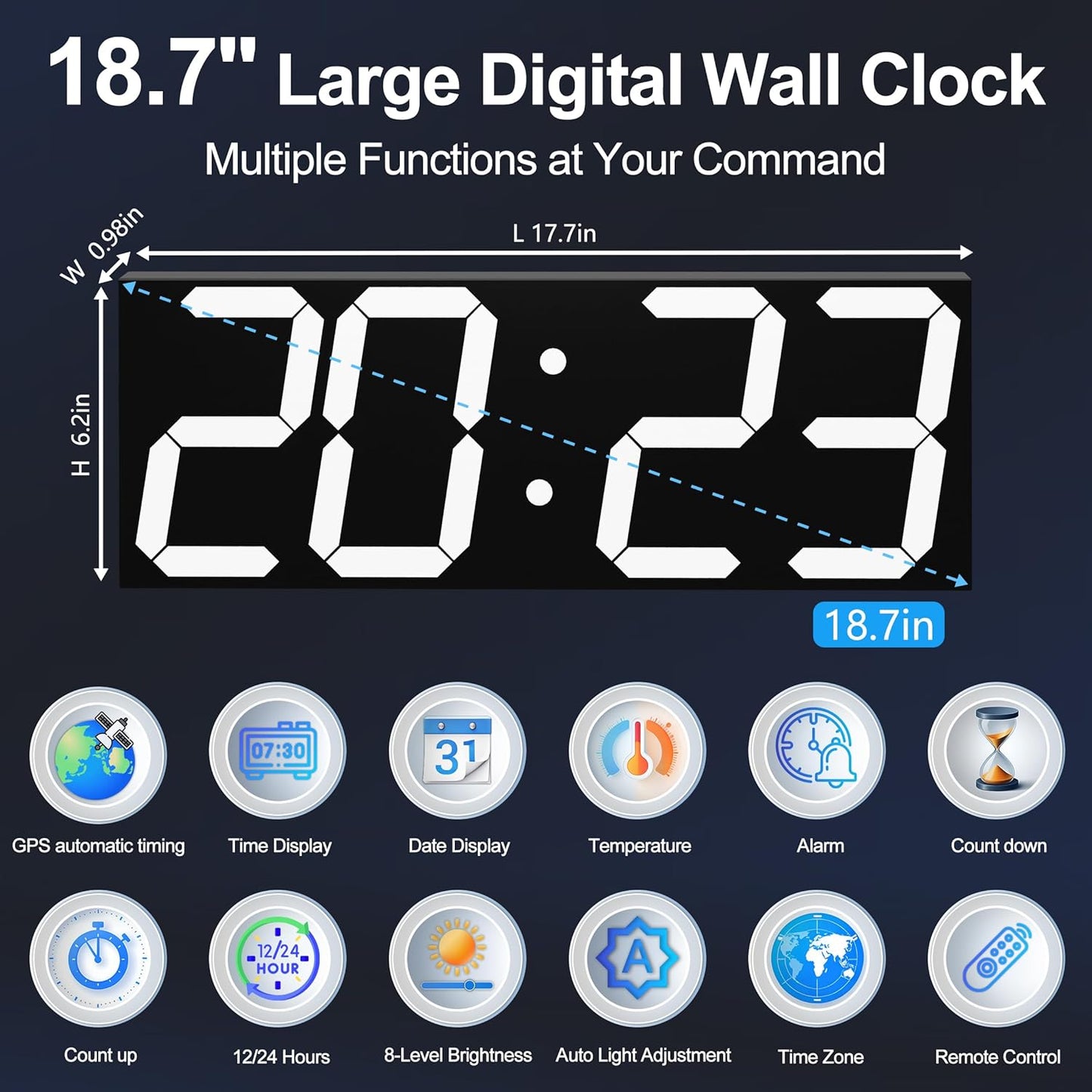 Digital Clock with Large Display 18.7 Inch, GPS Auto-Sync Time, Wall-Mounted with Remote Control, Ideal for Classroom Use