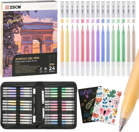 24 Colors 3D Acrylic Gel Pens & Black Paper Sketchbook for Drawing, 1mm Fine Point Acrylic Ink Pen, Opaque Archival Dull Ink Pens for Black Paper Drawing, Sketching, Illustration, Card Making