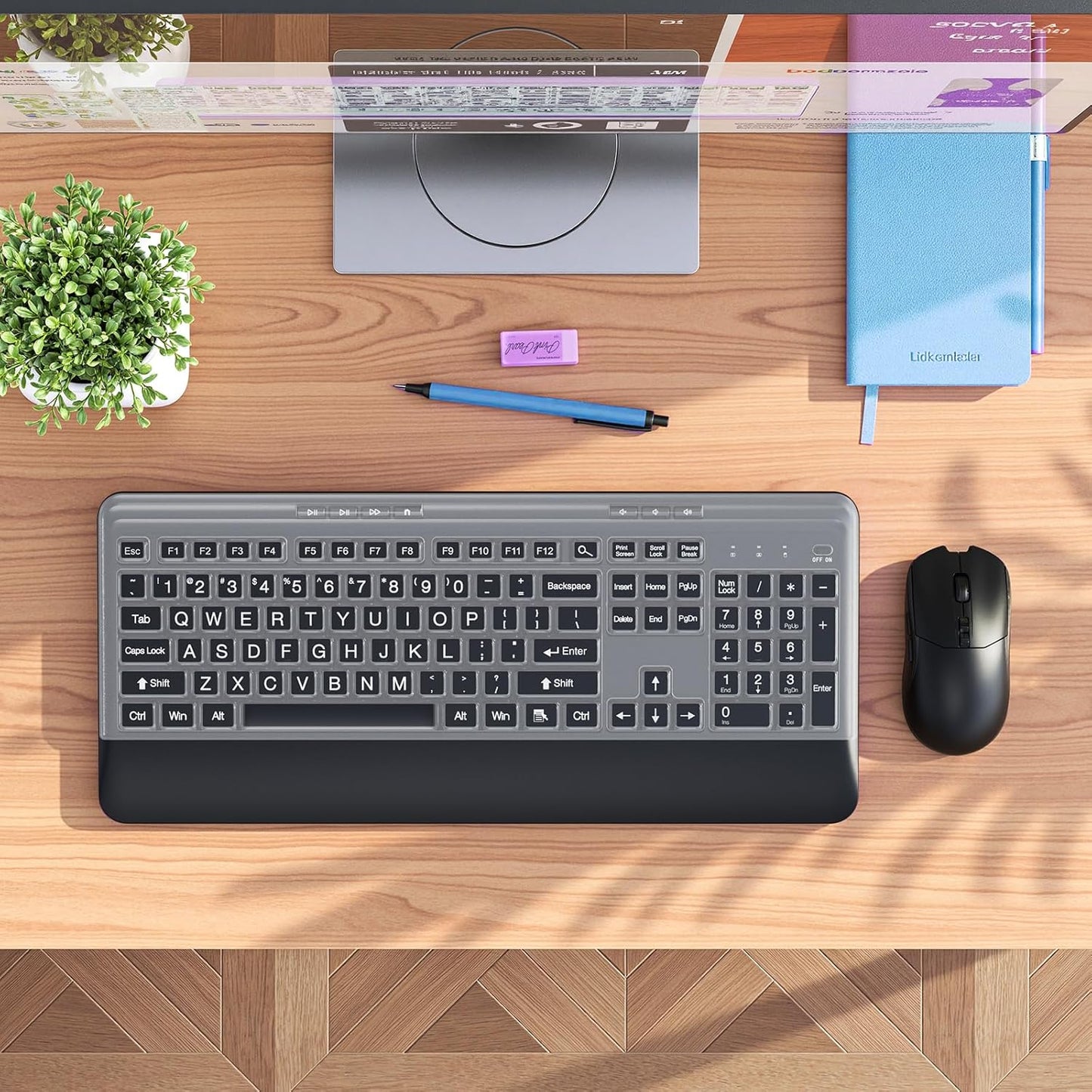 Silent Wireless Keyboard and Mouse Combo - Keyboard with Large Print Cover, 2.4GHz Full-Sized Ergonomic Keyboard with Wrist Rest and Mouse for Laptop, PC, Notebook, Desktop