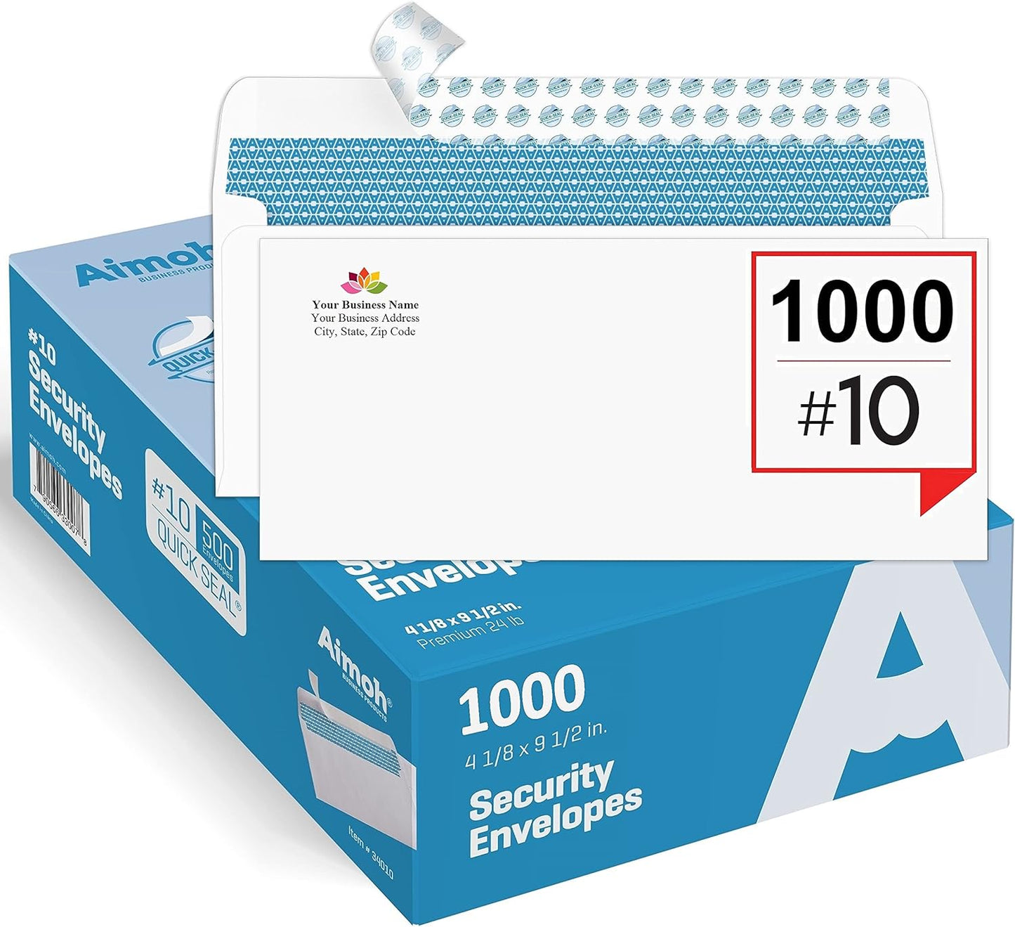 Aimoh 1000#10 Custom Printed Security Tinted Self-Seal Envelopes - Personalized with Logo and Address/Return Address Imprinted -Size 4-1/8 X 9-1/2" -White -24 LB -1000 Count (74001)