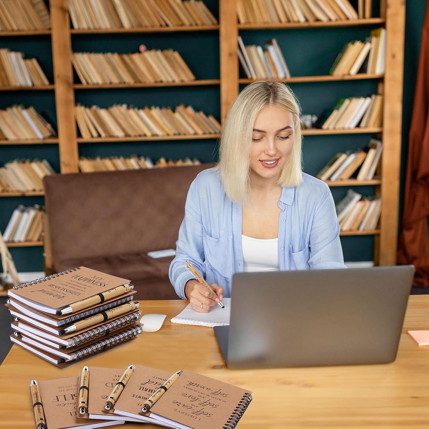 Pasimy 24 Pcs/12 Set Bulk Positive Affirmation Spiral Notebooks with Bamboo Pen Daily Affirmation Gift Set Motivational Encouragement Notepad Small Journals 5.5 x 3.9 Inch for Women Self Care