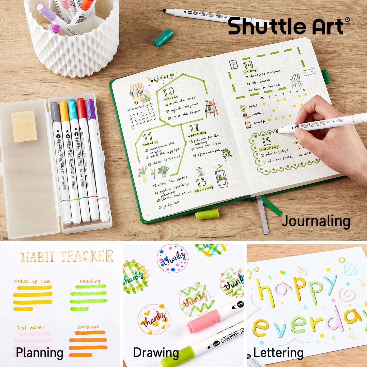 Shuttle Art 18 Colors Dual Tip Dot Marker Pens for Kids Adults, 18 Classic Colors, 0.8mm Fine Tip and Flexible Dot Tip for Journaling, DIY Crafts, Scrapbooks