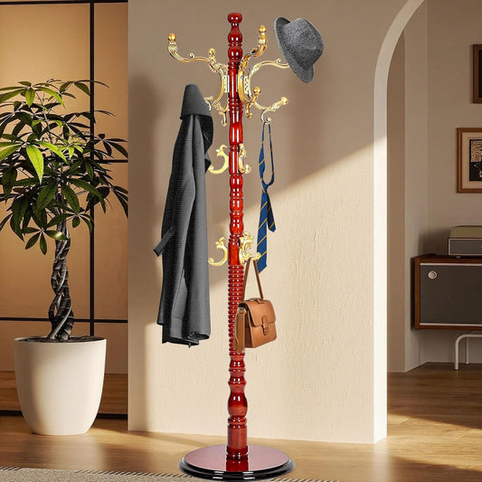 Solid Wood Coat Rack Stand with 18 Hooks, Vintage Coat Rack Freestanding with Heavy Duty Base, 3 Adjustable Height Coat Hanger Stand Hall Tree Fits Entryway Bedroom Office for Coat,Bag,Hat