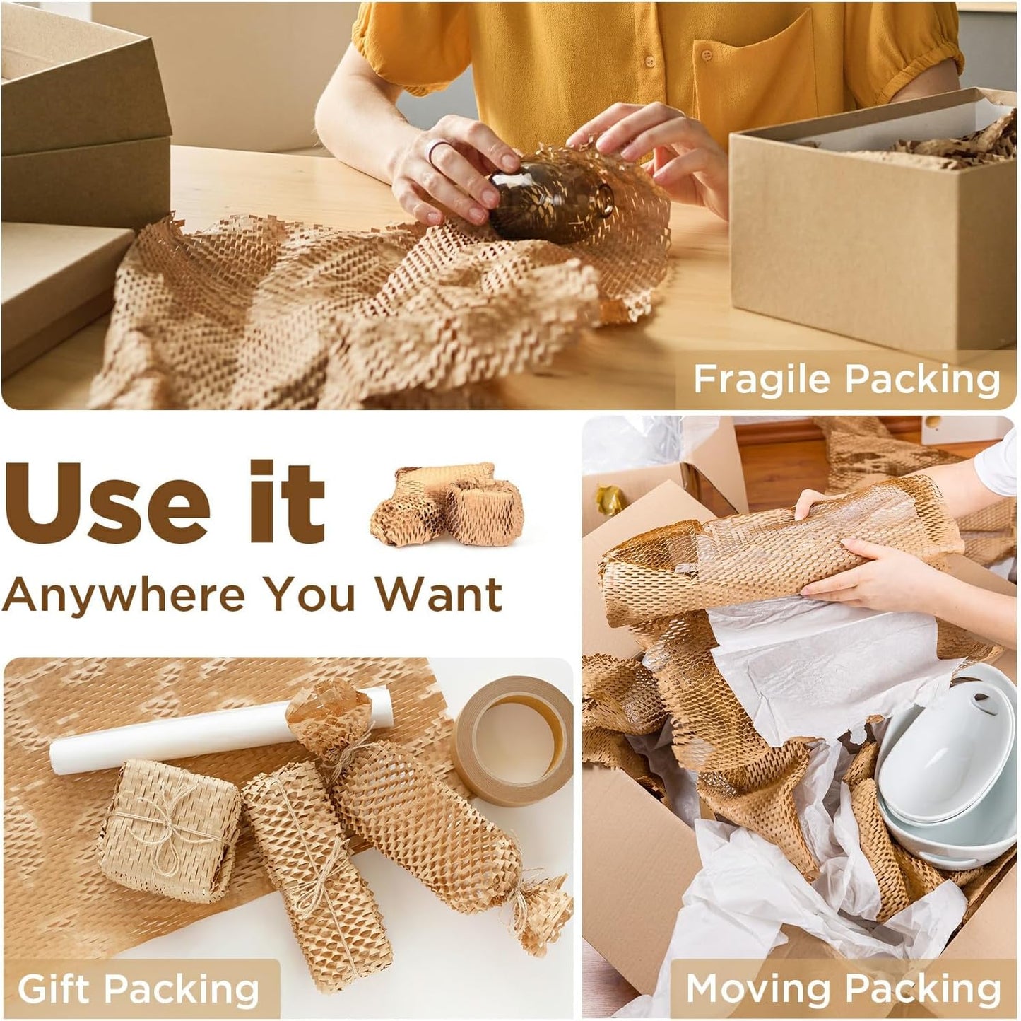Honeycomb Packing Paper, 12"x150' Brown | Perforated Honeycomb Packing Paper Recyclable Moving Supplies for Shipping & Moving | Plastic-Free Alternative to Bubble Cushion Wrap with 36 Fragile Stickers