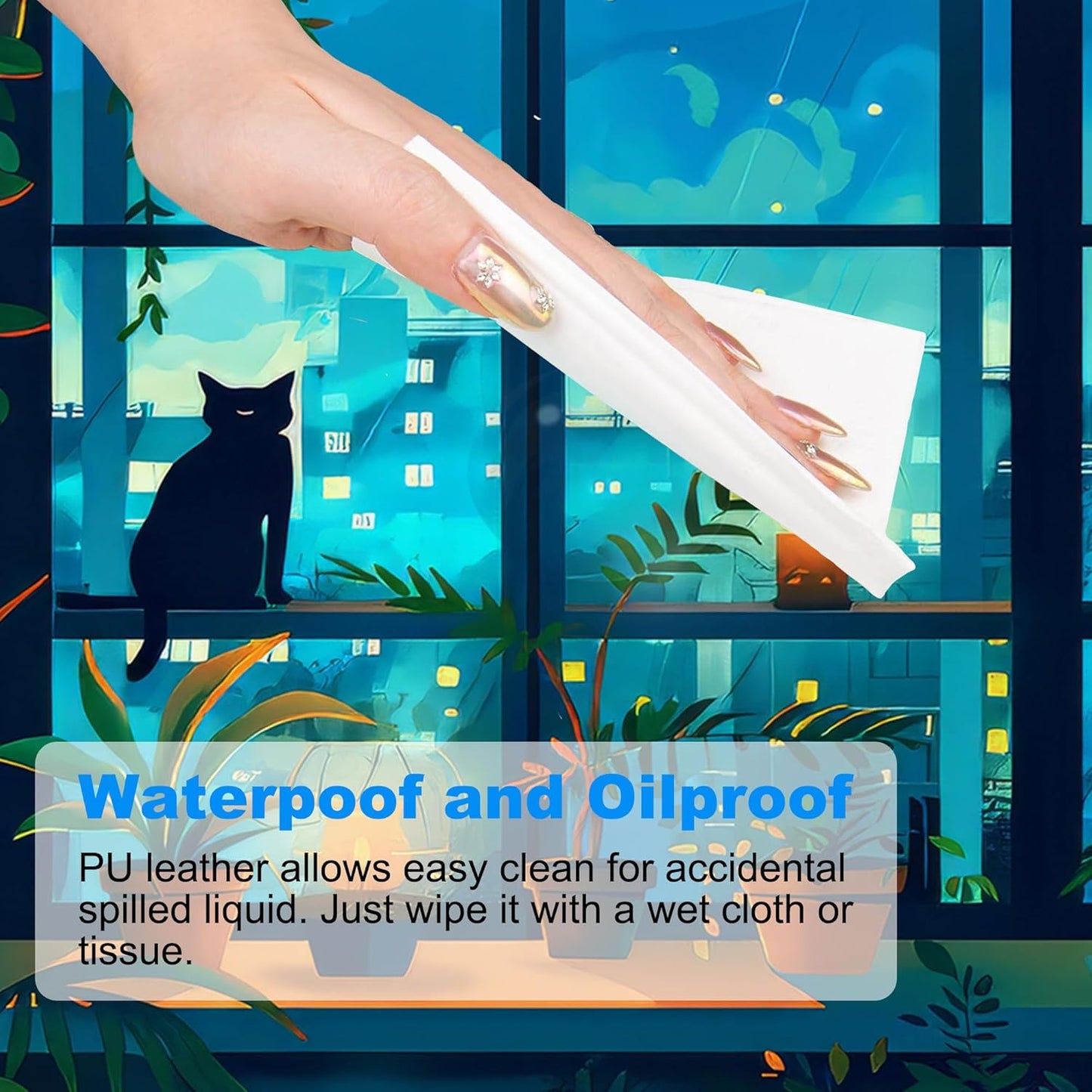 Desk Mat, Cute Lofi Anime Black Cat Green Plants Large Gaming Mouse Pad with Non-Slip Base Stitched Edges,Desk pad for Keyboard and Mouse Home Office 35.4"x15.7"