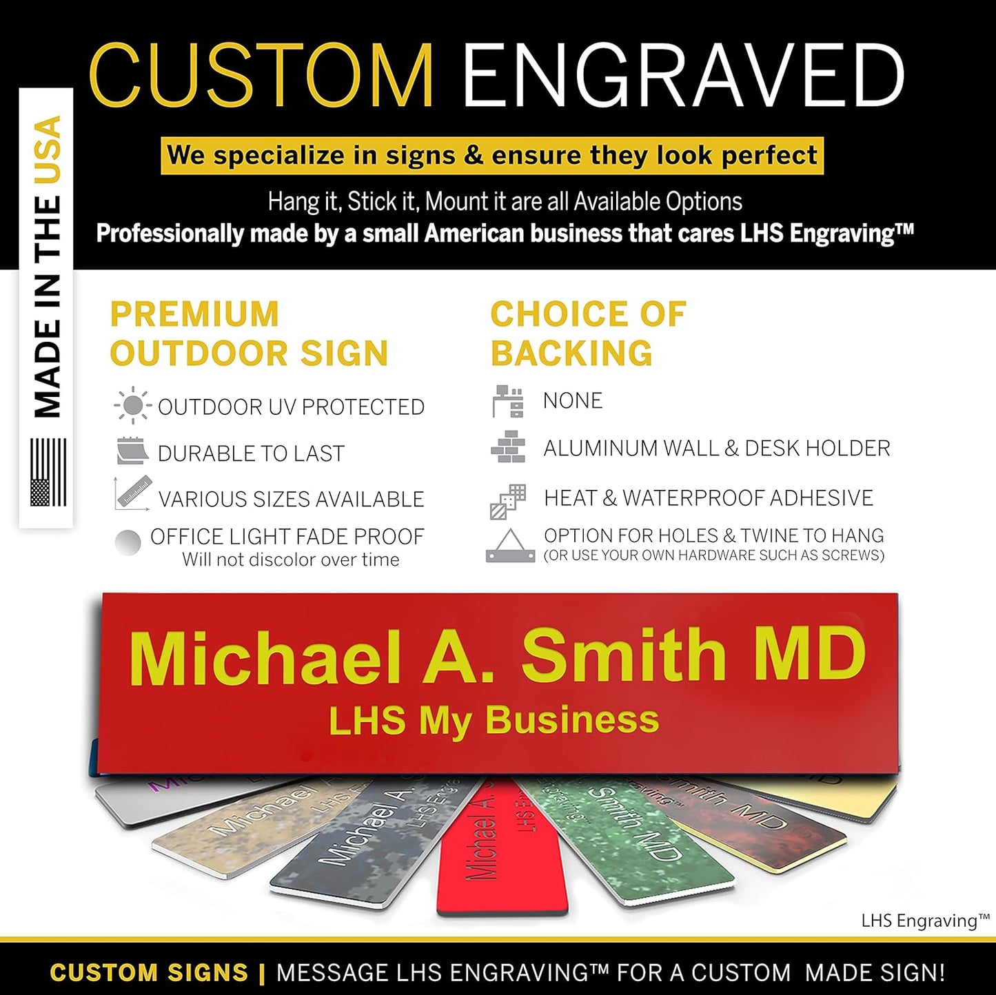 Door Name Plate Personalized for Office Red Plastic Name Plate with Yellow Letters - Made in USA 2x4 B22