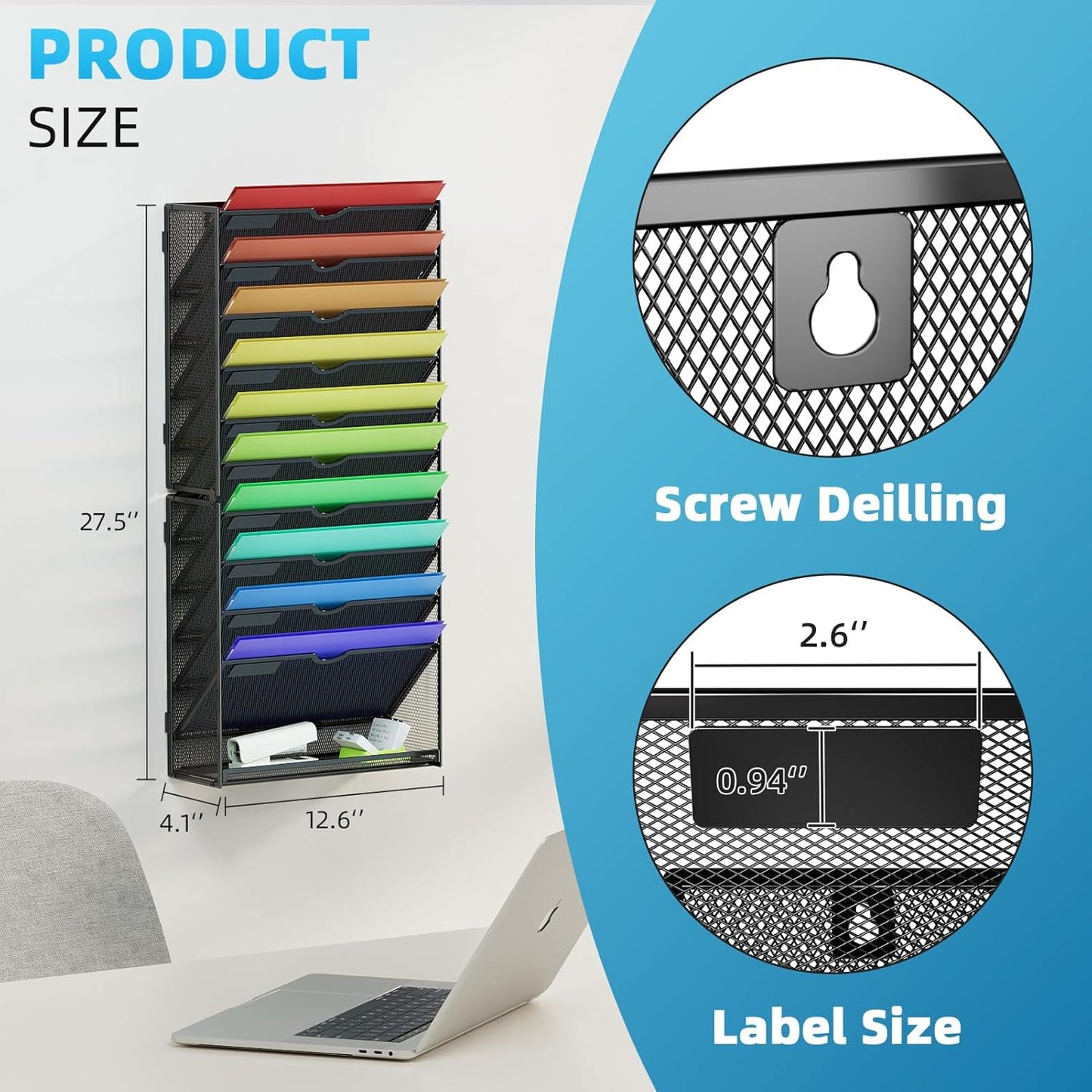 Marbrasse Wall File Holder 11-Tier Hanging Wall File Organizer, for Papers, Files Clipboard & Magazine Organizer, Wall Mount File Holder Great for Office Home (Black)