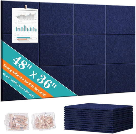Large Cork Board 48" x 36" - Blue Bulletin Board for Walls - 12 Pack Felt Wall Tiles with Safe Removable Adhesive Tabs - Corkboard for Office Classroom Home Decor - Navy Blue