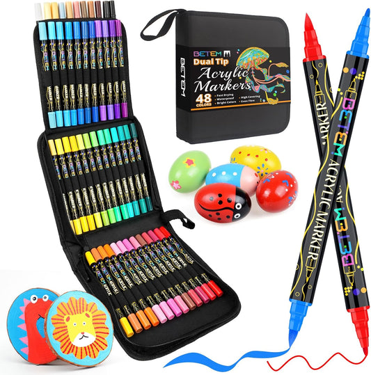 Betem Paint Markers Acrylic Paint Pens, Dual Tip 48 Colors Acrylic Markers with Brush Tip and Fine Point, Art Supplies for Wood, Canvas, Stone, Glass, Rock Painting Kit DIY Crafts Drawing Kit with Bag