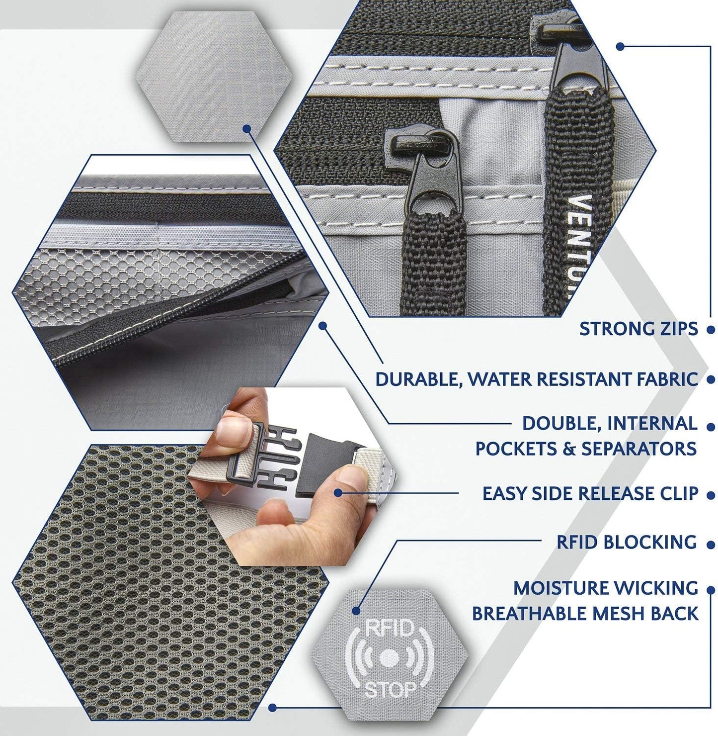 VENTURE 4TH Travel Money Belt - Slim Passport Holder RFID Blocking Travel Pouch to Protect Cash, Credit Cards and Travel Documents (Silver)