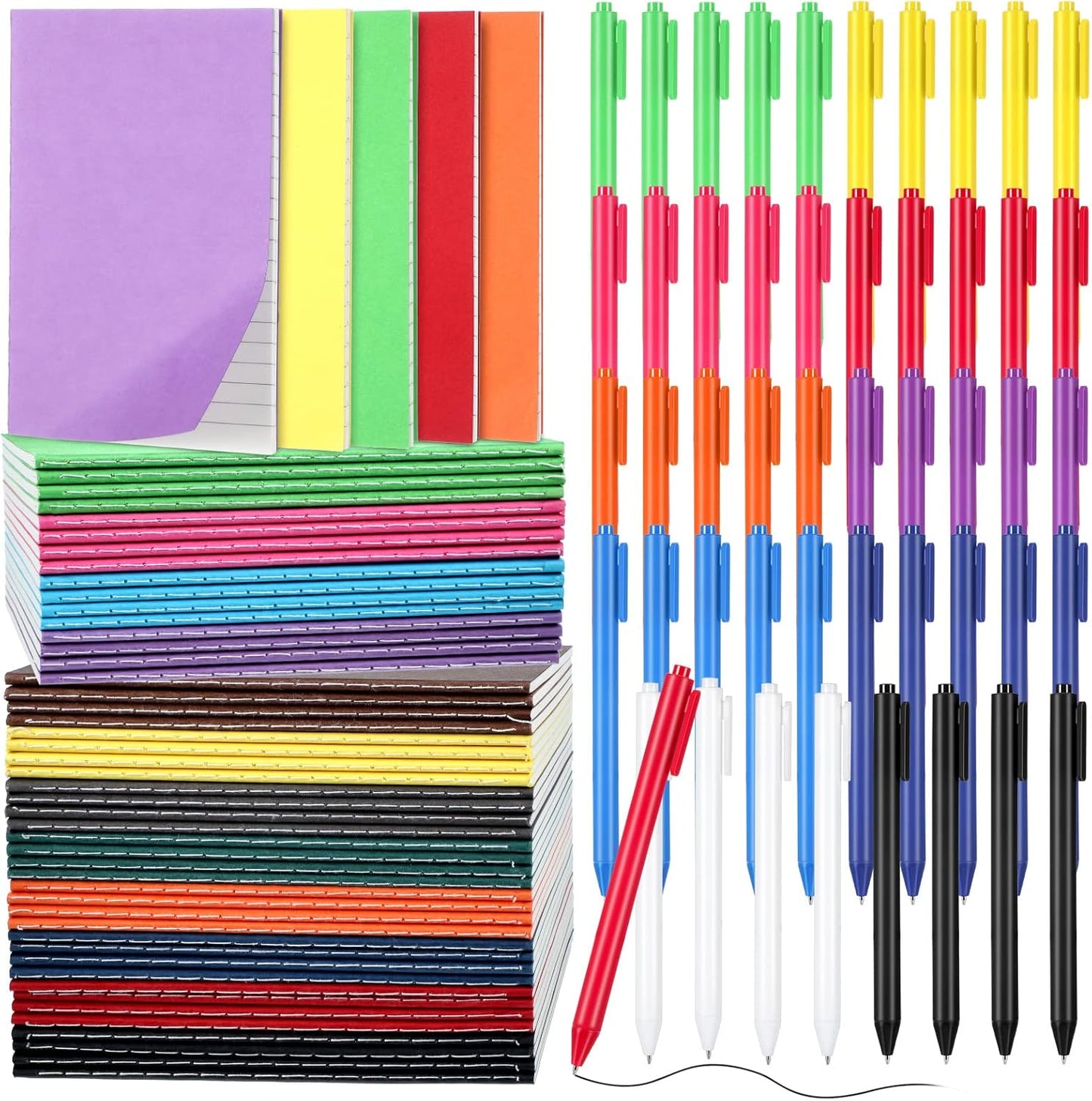 Sabary 96 Pcs Mini Notebook and Pen Set Bulk Lined Small Pocket Notepad Retractable Ballpoint Pen Journal Memo Notepad 24 Sheets/ 48 Pages 3.5 x 5.5 Inch for Student Teacher Gift (Colorful)