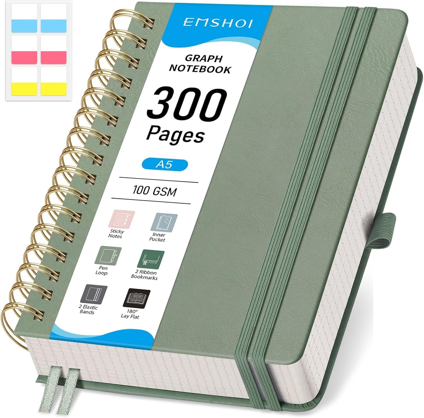 EMSHOI Spiral Graph Paper Notebook - 300 Pages, 100 GSM Thick Grid Notebook, A5 Small Hardcover Leather Journal for Women Men Writing Engineering Graphing, 5.7" x 8.22", Light Green