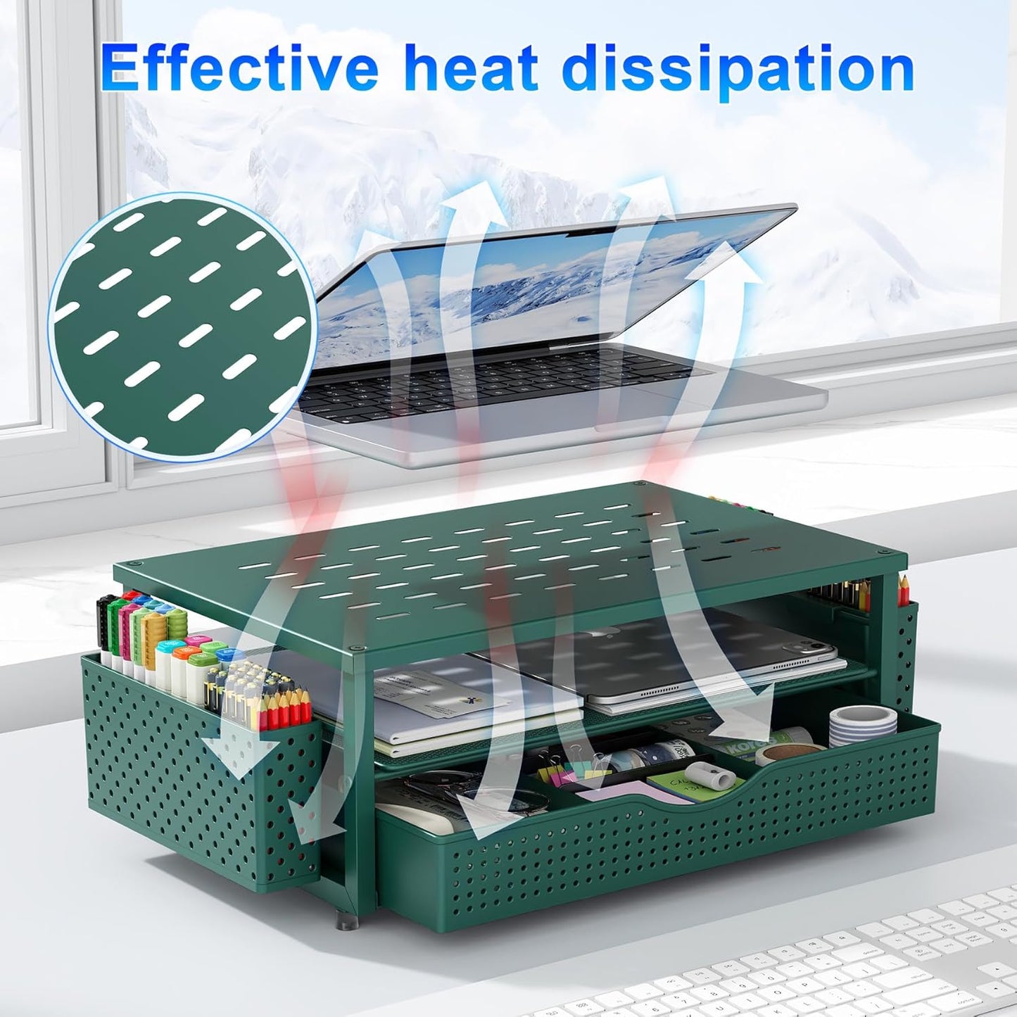 gianotter Desk Organizers and Accessories, Monitor Stand with Drawer and 2 Pen Holder, Desktop Organizer Suitable for Offices and Dormitories (Green)