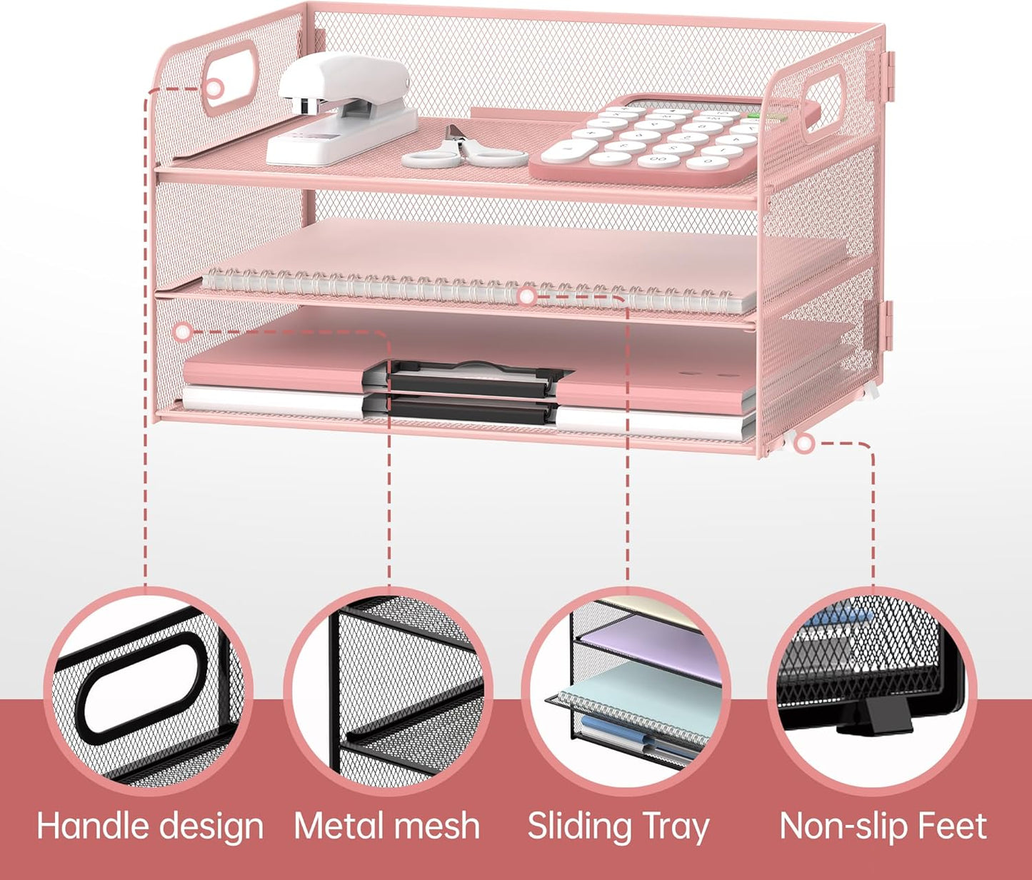 SUPEASY 3 Tier Paper Organizer with Handle, Mesh Desk Organizer Letter Tray, A4 File Folder Paper Tray, Pink