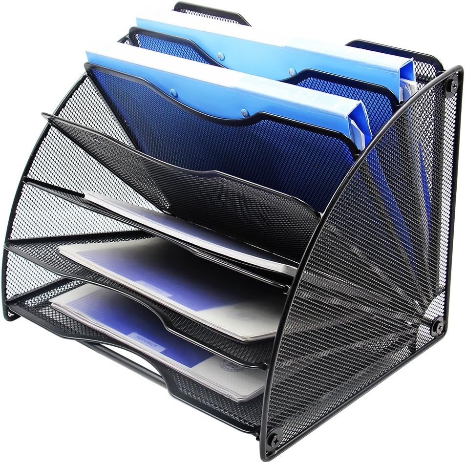 EasyPAG Desk File Organizer, 6-Section Vertical File Folder Holder Stand, Fan-Shaped Metal Rack File Sorter for Office Classroom Desktop Organization, Black