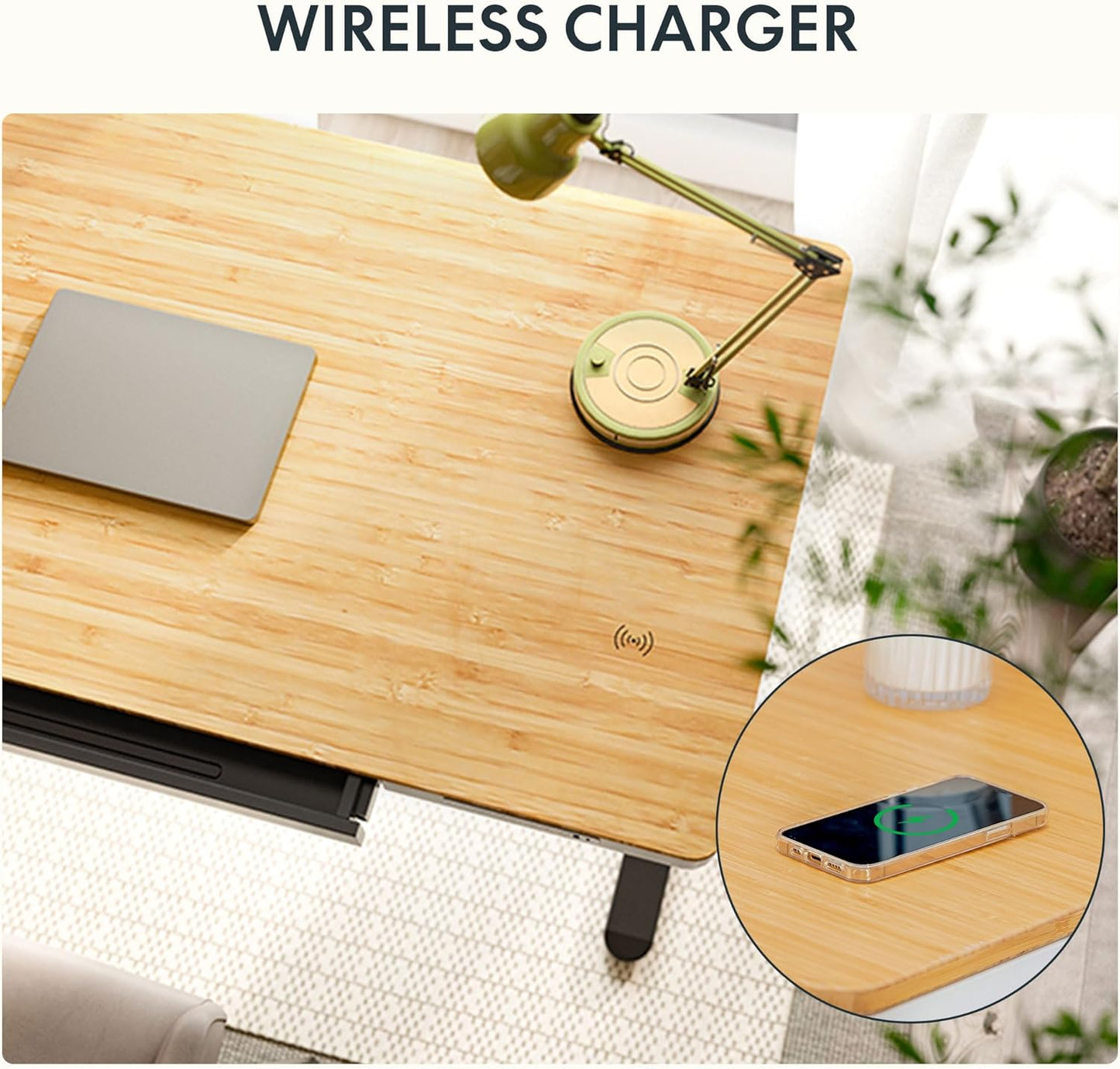 SANODESK Standing Desk with Drawer,Dual Motor 3 Stage Electric Height Adjustable Home Office Desk with Storage & Wireless Charging, 55 inch Bamboo Tabletop/Black Frame