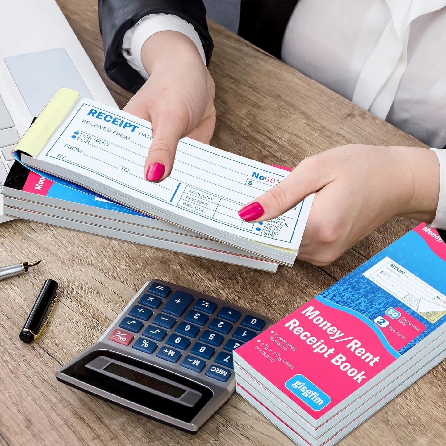 gisgfim 4 Pads Receipt Book with Carbon Copies Money and Rent Receipt Book 2 Part Carbonless Bound Wraparound Cover Petty Cash Business Invoice Book for Small Business 2-3/4 x 7-3/16Inch 50 Set/Book