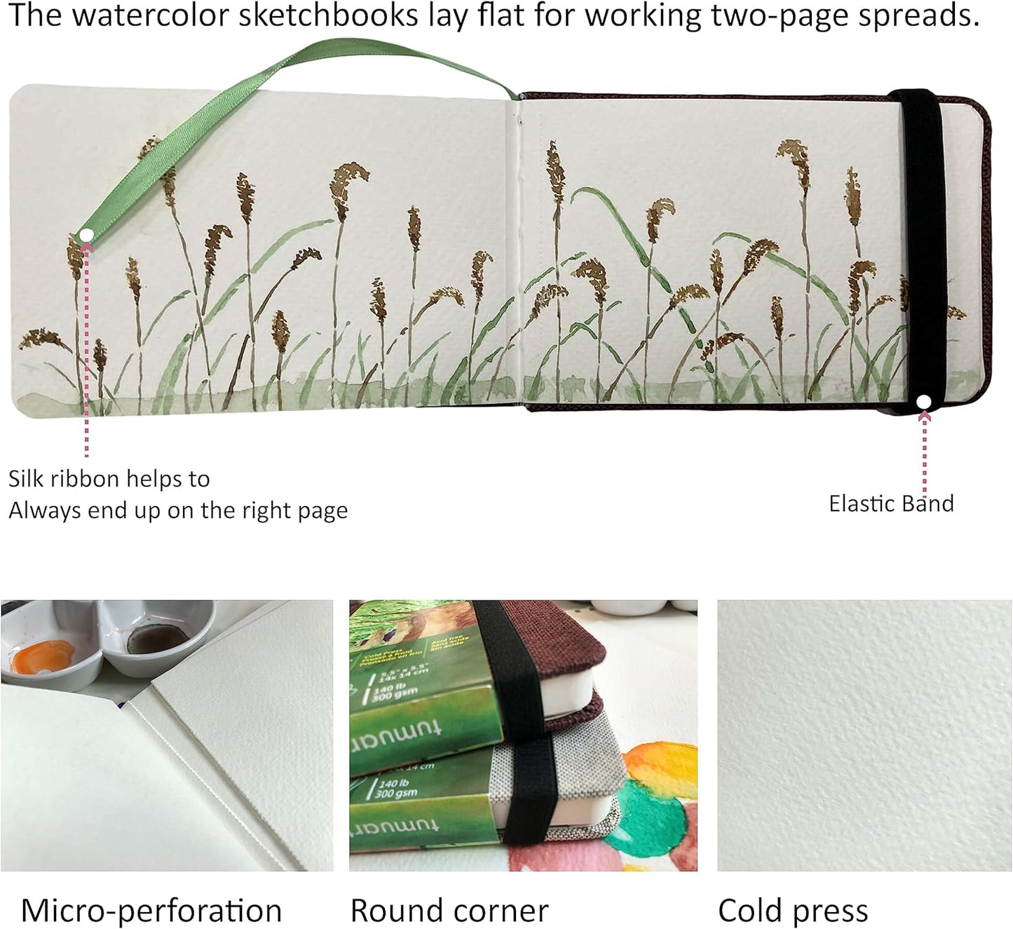 tumuarta Watercolor Journal,140 LB, 300 GSM, 8.25x5.5, Cotton Paper, Cold Press, 24 Sheets, 48 Pages, Watercolor Paper Sketchbooks for Use As Travel Notebook and Mixed Media Pad