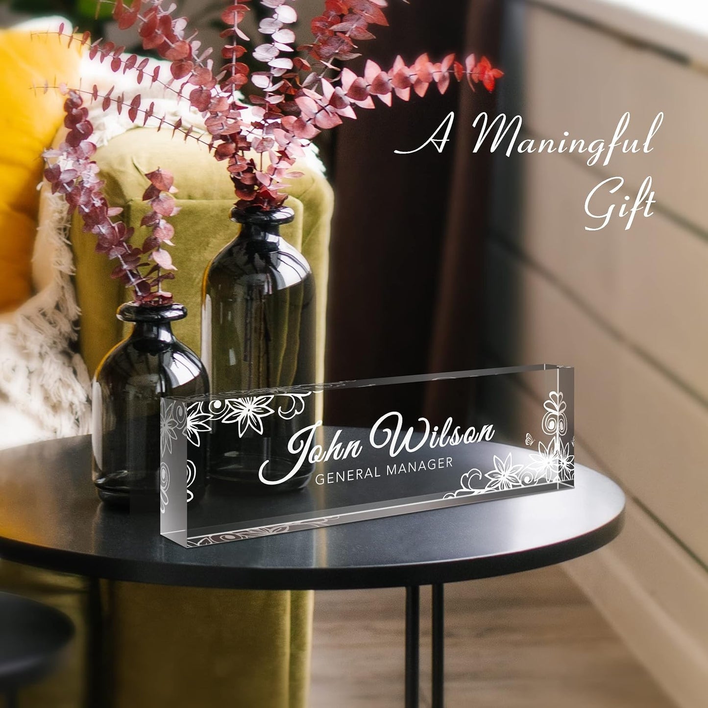 Name Plate for Desk, Premium Clear Plates Engraved Acrylic Desk Name Plate, Desk Name Plate Personalized, Custom Office Decor for Women or Men Coworkers, Boss, Employee, Teacher (Engraved 3)