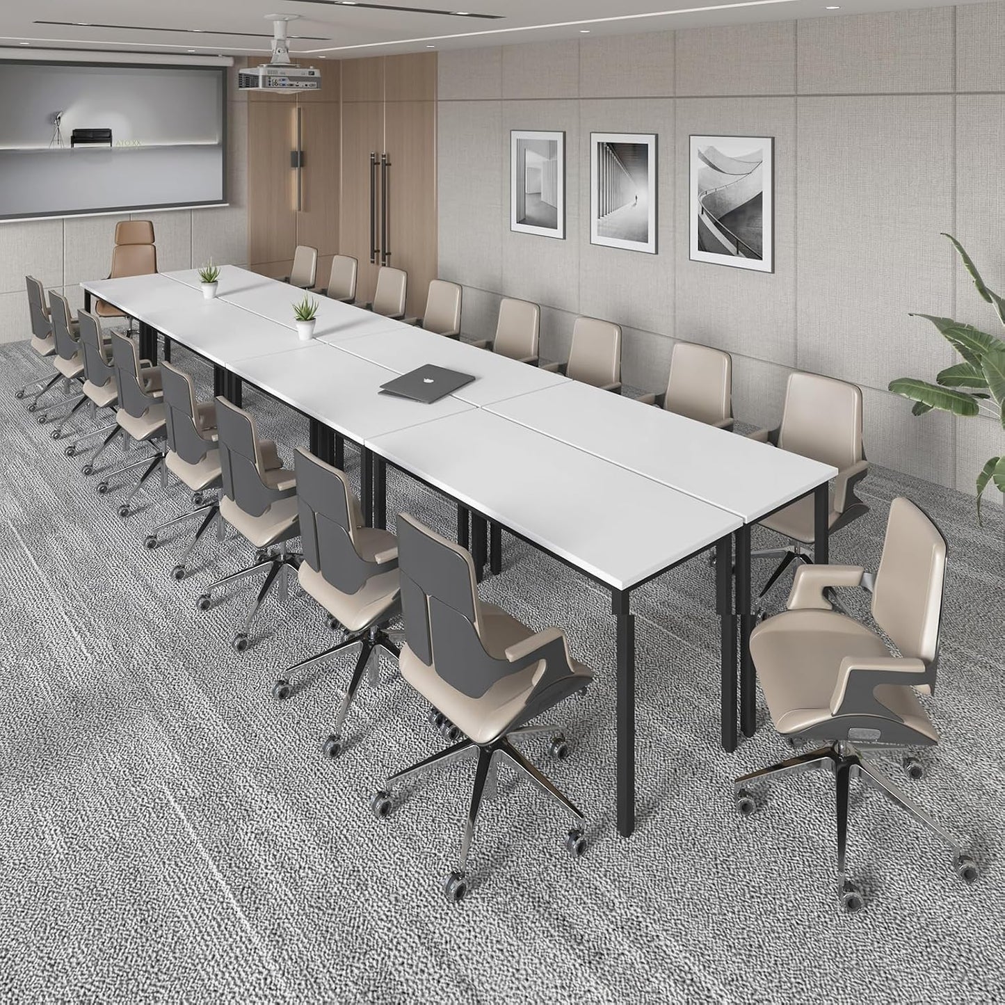 Bonzy Home Conference Tables 18ft Office Computer Desk for Meeting Room Study Writing Printer Table Meeting Seminar Table for 20 People Rustic Modern White 8PCS 220.4"x47.2"x29.5"